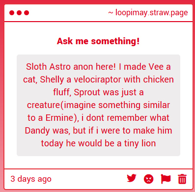 loopimay's tweet photo. I am in LOVE with Cat Vee, you don't understand. My friend and I constantly compare her one (ironic considering her relationship with Scraps). These are all solid picks. Did you have any ideas for the event mains? I think Bassie would be a deer, and Bobette would be a polar bear. https://t.co/UcMN8N2HiU