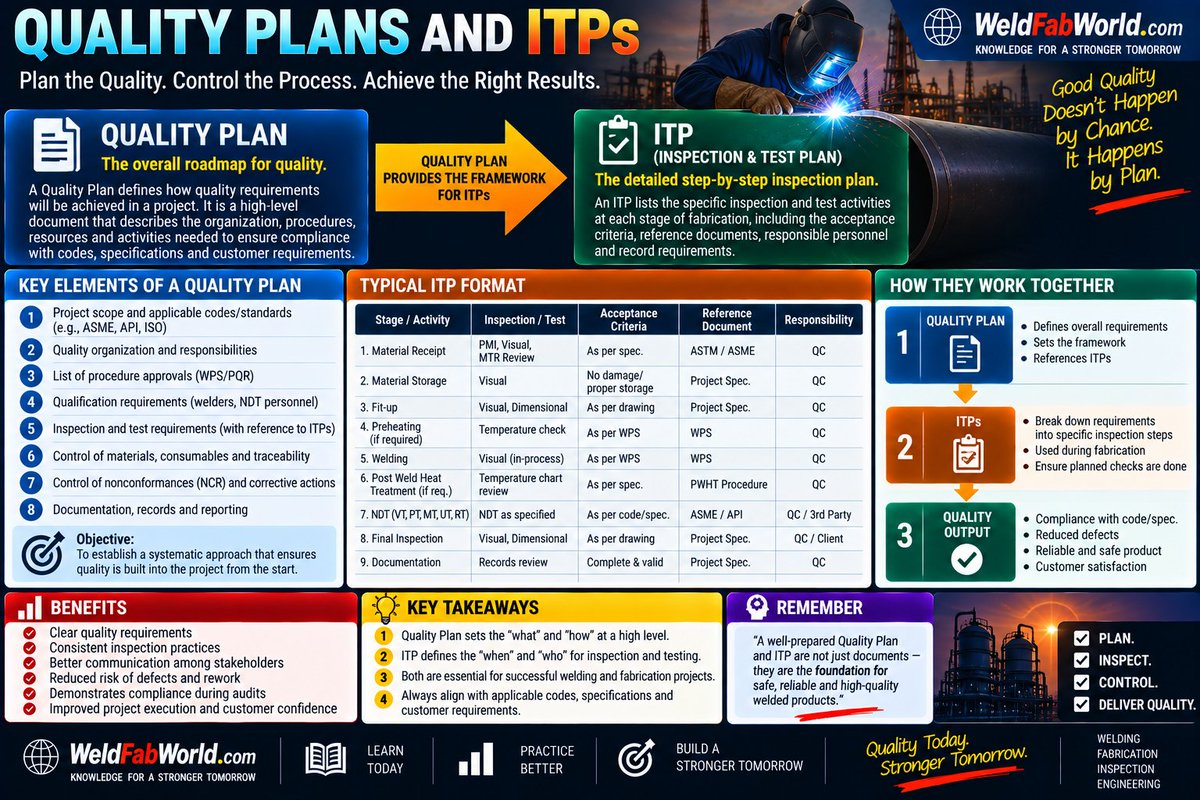 Weldfabworld's tweet photo. 📋 QUALITY PLAN vs ITP — WHAT'S THE DIFFERENCE?

Visit https://t.co/DrZirciGTm

In welding and fabrication projects, both documents help turn quality requirements into a controlled inspection process.

QUALITY PLAN — THE OVERALL ROADMAP

#QualityPlan #ITP #InspectionAndTestPlan https://t.co/symfsn5viU