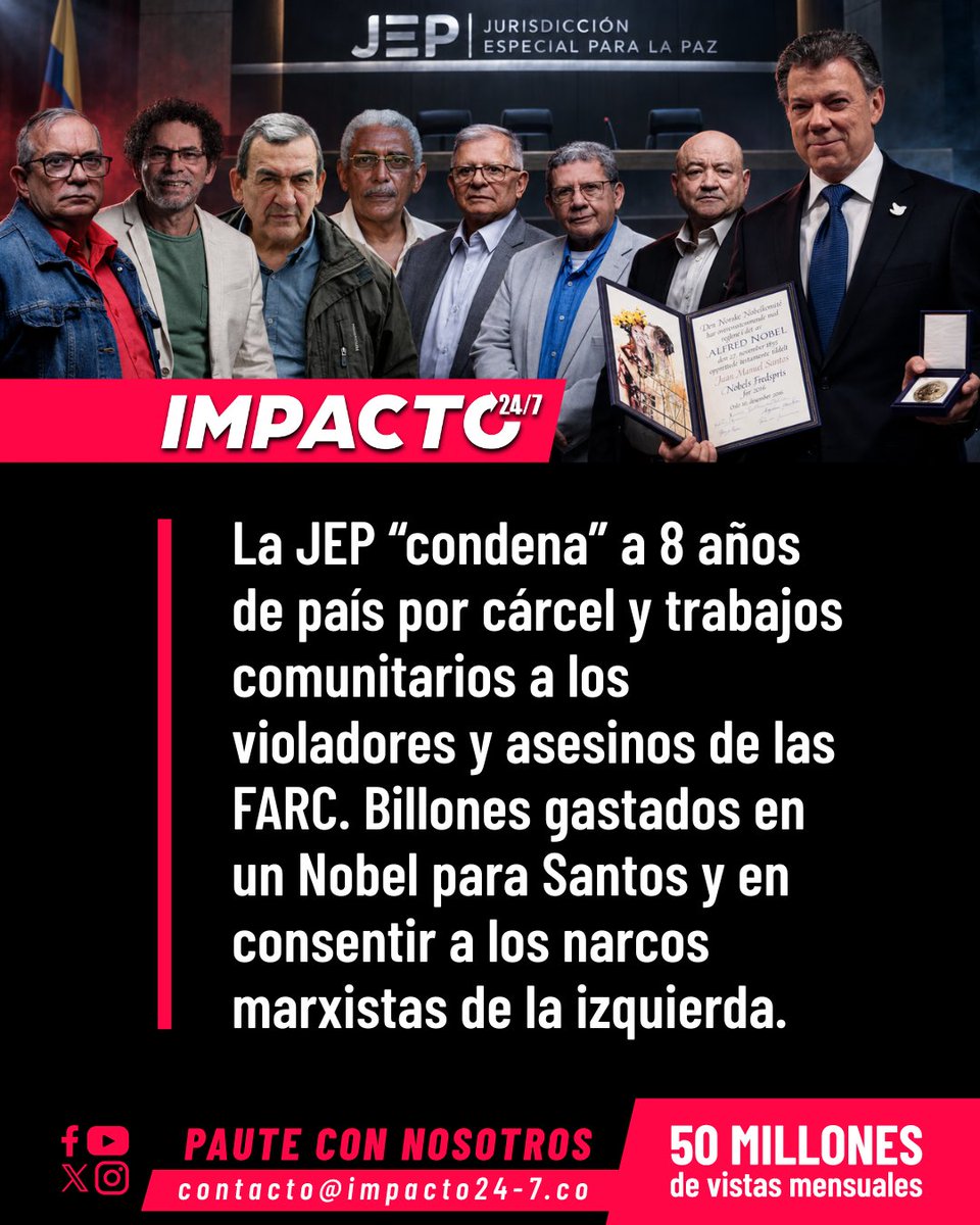 Impacto24_7's tweet photo. 🚨🇨🇴 "JUSTICIA" IRRISORIA | La "mano dura" de la JEP le dio país por cárcel y una sentencia de "trabajos comunitarios" por siete años a los reclutadores, secuestradores, abusadores sexuales y asesinos de las FARC. La JEP no fue más que un monstruo burocrático creado por Santos en La Habana para comprarse un Premio Nobel y consentir a los peores genocidas narcotraficantes del país. Mientras esta Justicia Especial para Pederastas gasta billones de las arcas del Estado, Colombia sigue clamando por justicia real contra los criminales de izquierda.