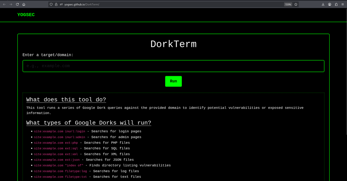 yogsec's tweet photo. DorkTerm, a browser-based tool that runs Google Dork queries for a given domain.
Runs entirely in the browser.
Try it: https://t.co/lDjVTfdgGl
GitHub Repo: https://t.co/TOOzOCd1fU
#Cybersecurity #BugBounty #DorkTerm #InfoSEC #OWASP https://t.co/ogqiSQjH6k