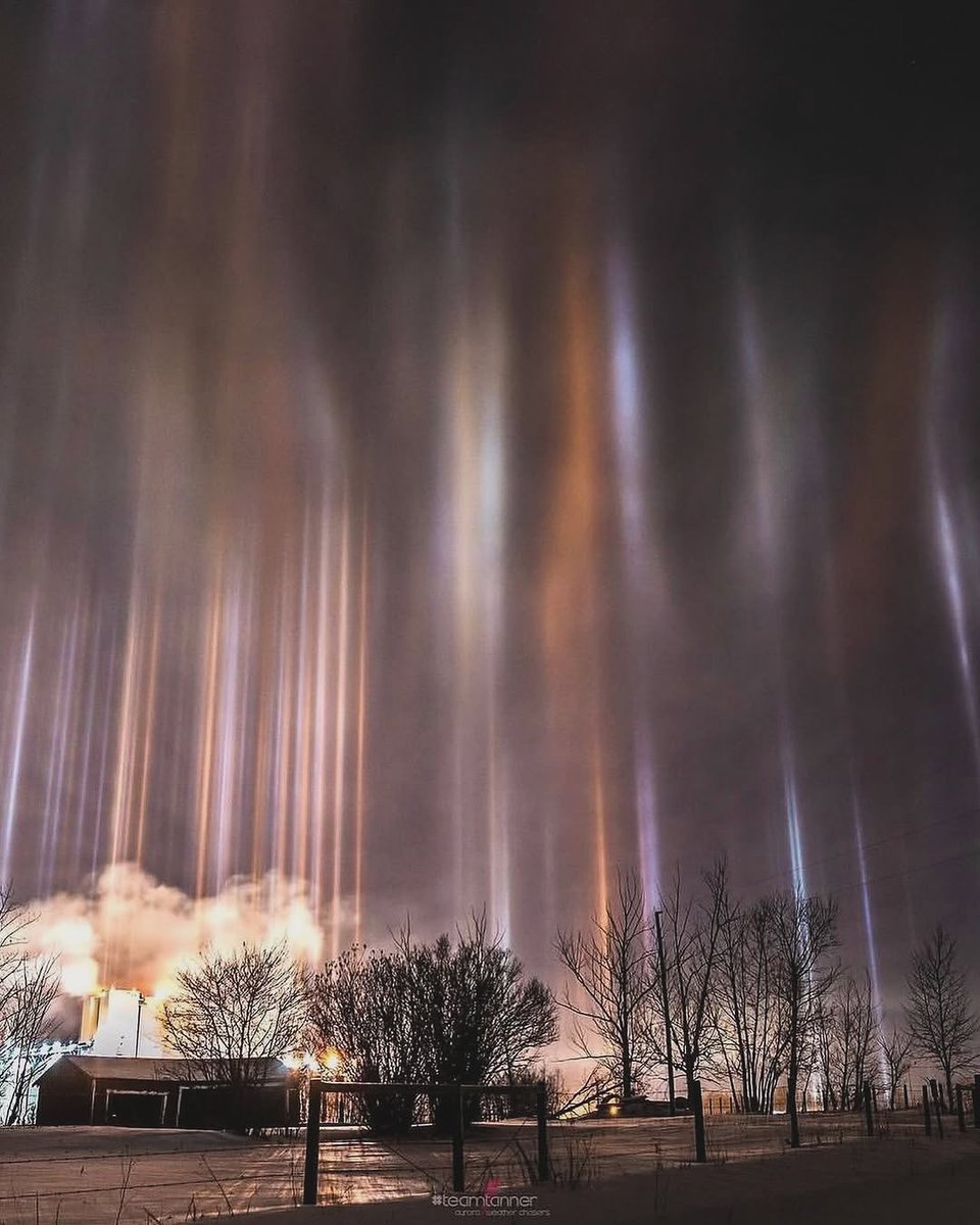 Pillars of light illuminate the night sky captured by Dar Tanner

The stunning phenomenon occurs when artificial light reflects off tiny ice crystals suspended 