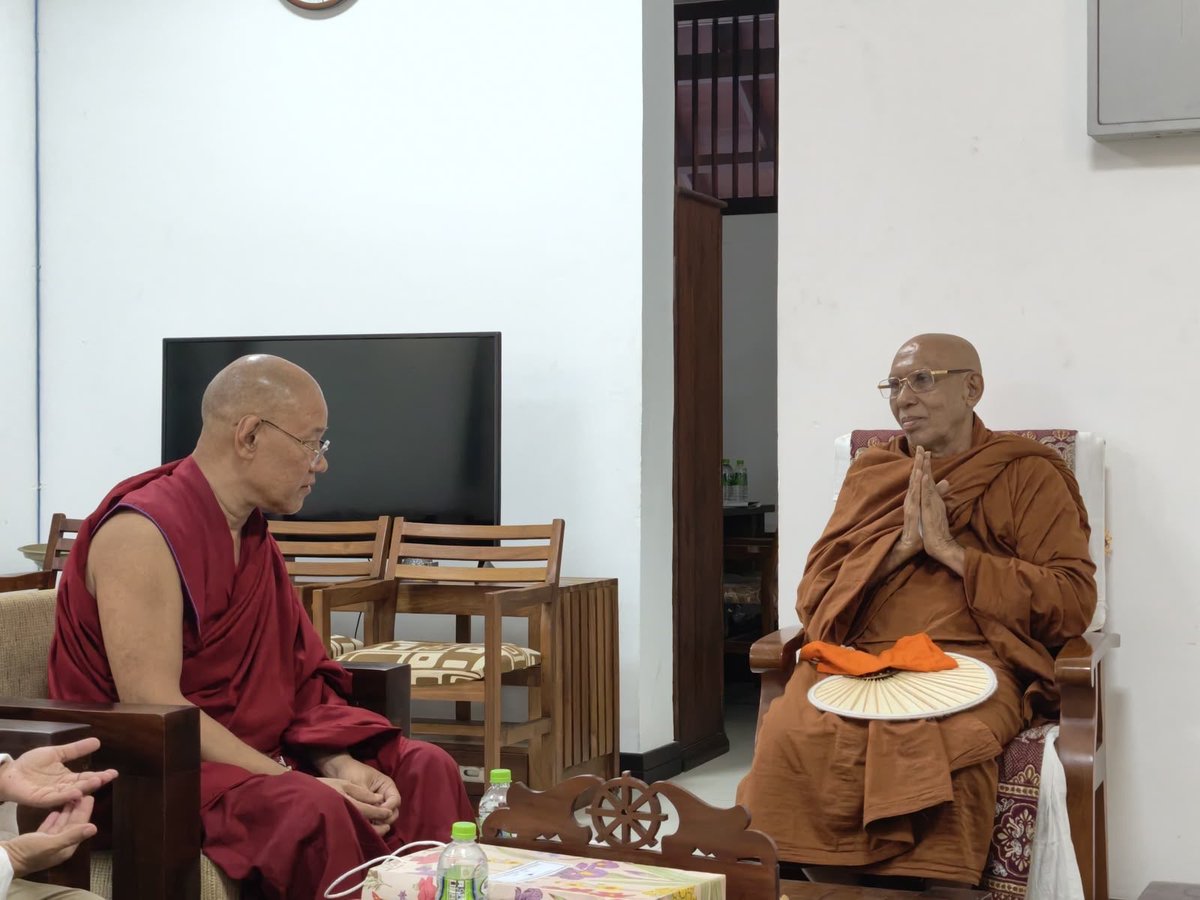 IbcWorldOrg's tweet photo. Continuing his engagements in #SriLanka, the Secretary General (SG) of the International Buddhist Confederation (IBC) paid his respects to Most Venerable Makulawe Wimala Thera, the 14th and current Mahanayaka Thera (Chief Prelate) and Head of the Sri Lanka Ramanna Nikaya, at the Headquarters of the Maha Viharavanshika Sri Lanka Ramanna Maha Nikaya, Colombo. The thematic discussions centred on how newly ordained monks lead their monastic lives in the contemporary digital era. The SG also acquainted the Mahanayaka Thera with the various events and Holy Relics expositions being undertaken by IBC, and the programmatic contributions being galvanised by the IBC at international level in service of the Dhamma. The two fondly recalled their previous meeting in Sri Lanka.
@MFA_SriLanka