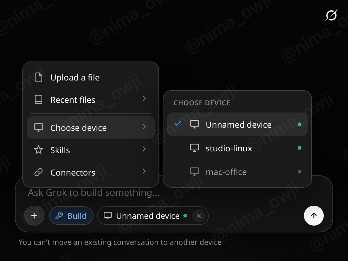 nima_owji's tweet photo. BREAKING: SpaceXAI is working to add a “Device Picker” to GROK!

When you hit Build, you can pick which computer to use. Your laptop, a studio box, whatever’s online.

Same chat. Existing workspace. No starting from scratch.

Pretty cool feature! 🫡 https://t.co/xIzzvQ7uEU