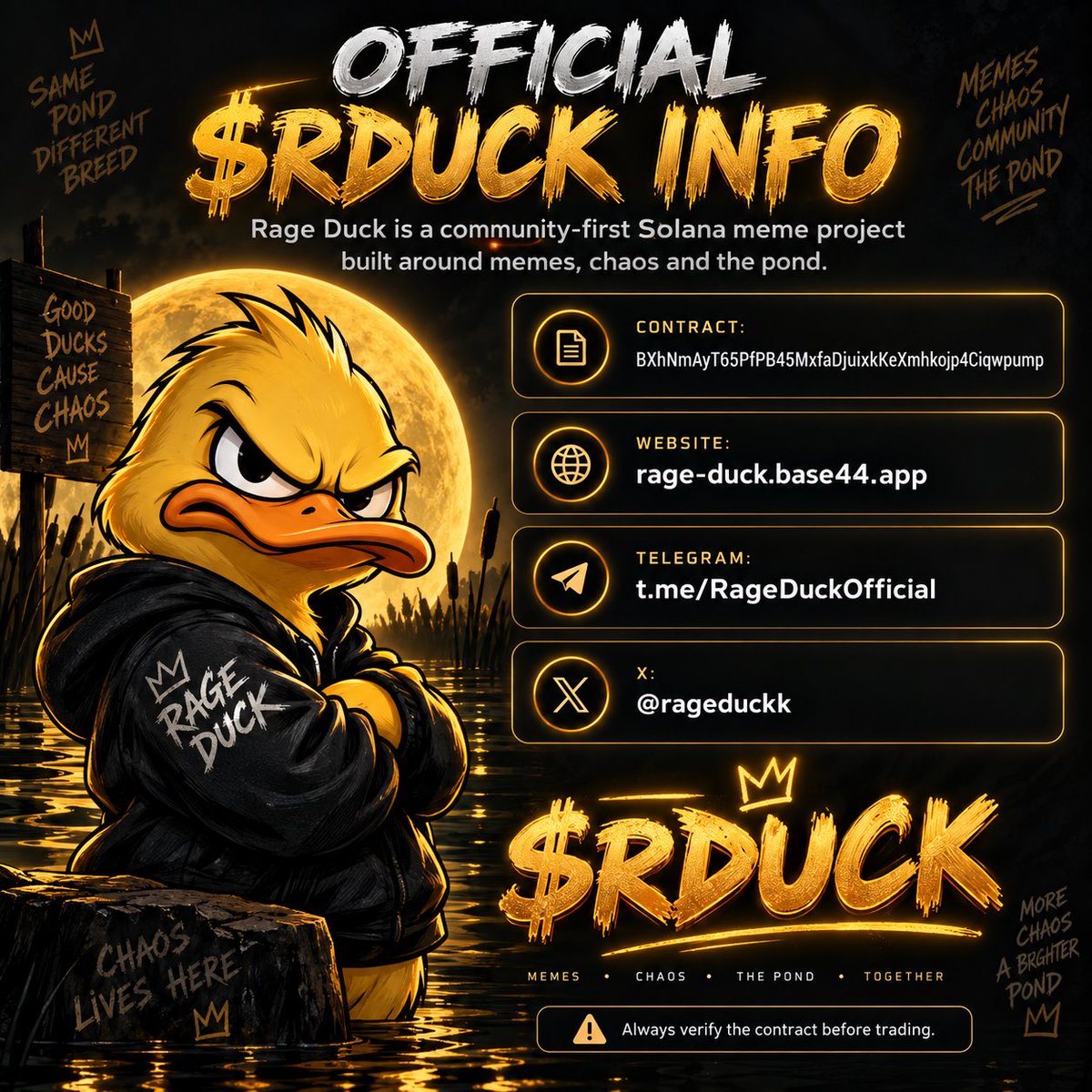 RageDuckk's tweet photo. 🦆 OFFICIAL $RDUCK INFO

Rage Duck is a community-first Solana meme project built around memes, chaos and the pond.

Contract:
BXhNmAyT65PfPB45MxfaDjuixkKeXmhkojp4Ciqwpump

Website:
https://t.co/zJkxjsHofr

Telegram:
https://t.co/2iK3FkGhJw

X:
@rageduckk

Always verify the contract before trading.

$RDUCK 🦆⚡
