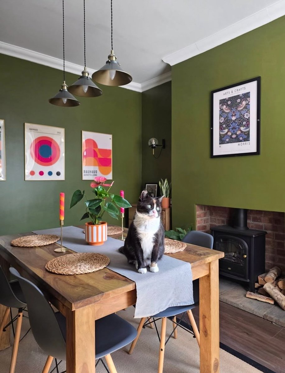 CarlBrimobjm's tweet photo. The olive walls add depth, warm wood brings balance, and colourful accents keep the scheme fresh. Pippa the cat contributes nothing but insists on being the focal point. Fair enough—it’s working! Congratulations, you’re tonight’s grid winner. https://t.co/ivmVX8aow8
