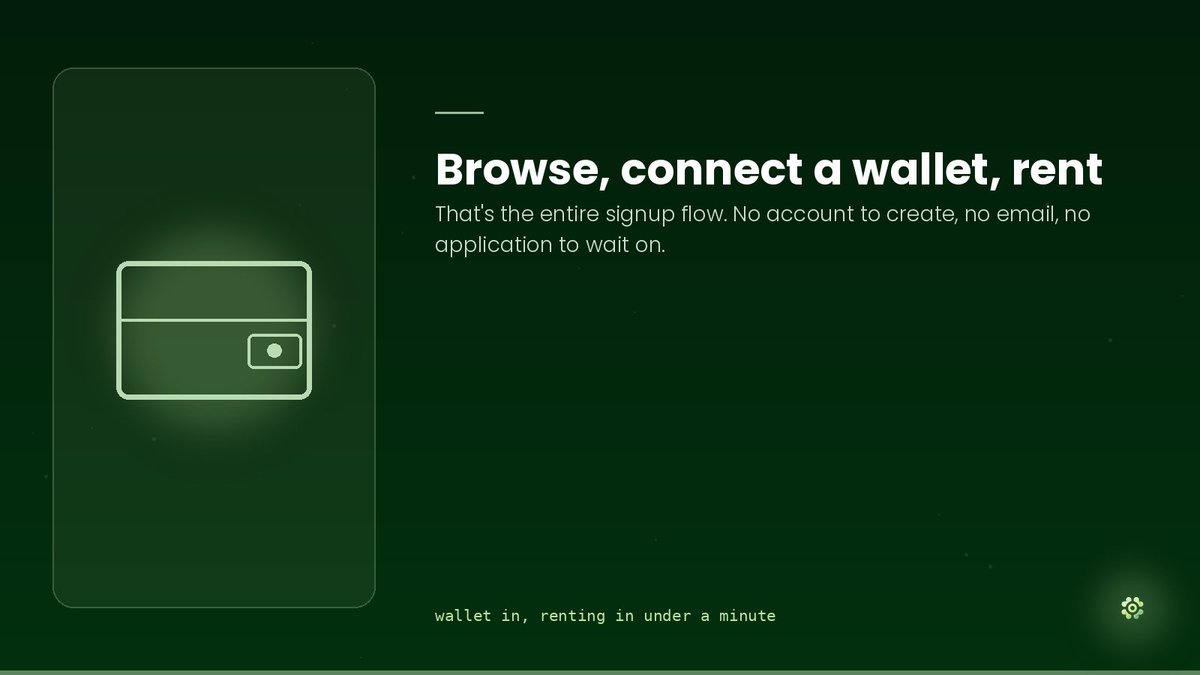 Rentnodeweb's tweet photo. There's no account screen here. Open the marketplace, connect a wallet, pick a listing, and you're renting m, the whole flow from arriving to having a machine takes about as long as approving a transaction. https://t.co/WzcUwZm89j