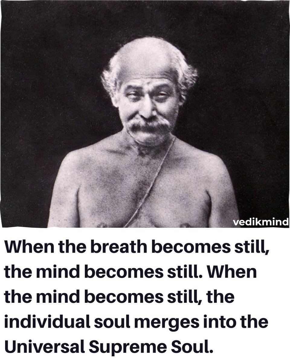 vedikmind's tweet photo. Lahiri Mahasaya spoke about how breath and mind are connected.

In yoga philosophy, breath (Prana) and mind (Chitta) are two sides of the same coin. When the mind is agitated, breathing is fast; when the mind calms down, breathing slows down.

Pranayama uses subtle, focused breathing and mental awareness along the spine to pull life energy back inside. Through steady practice, the body becomes deeply oxygenated and the nervous system completely relaxes. The physical breath slows down so much that it naturally pauses or becomes nearly imperceptible on its own—without any forced holding.

#LahiriMahasaya #Pranayama #yoga #breathwork #meditation