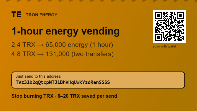 DignaBearea3's tweet photo. ⚡ Stop topping up TRX before every transfer.
65,000 energy · 2.4 TRX · 1h
Address : TVz31b2qQtcpNTJ1BhVHqUWkYzdRenSSSS
Energy arrives within a minute of your TRX
#tethertransfer #USDTpayment #Coinbase https://t.co/cggcpzFRHl