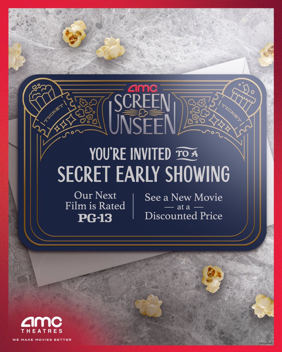 AMCTheatres's tweet photo. Watch never-before-seen films for less with AMC Screen Unseen. The movie will be unveiled at showtime. Join us on 9/21 for a PG-13 film at AMC. Get tickets now! https://t.co/2YU3m4ctli https://t.co/xmDSxaJo55