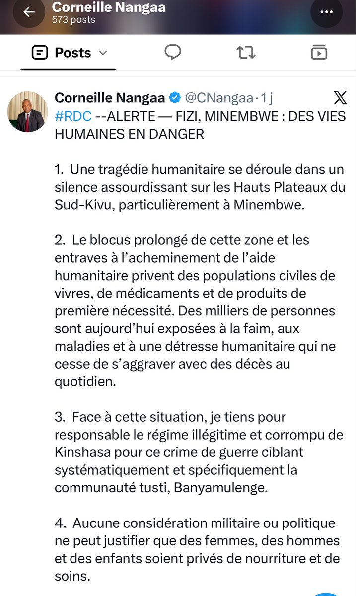 kongolo3's tweet photo. Après avoir lu et analysé les messages de certaines marionnettes du Rwanda, notamment NANGAA et MBONIMPA, qui cherchent à alerter la communauté internationale sur la situation humanitaire et sur ce qu’ils présentent comme un « génocide » dans les hauts plateaux de Fizi, Mwenga et Uvira, particulièrement à Minembwe, une question fondamentale s’impose : sont-ils réellement conscients de leurs responsabilités et de celles de leurs commanditaires dans la situation dramatique que subissent aujourd’hui les populations des hauts plateaux, notamment les Banyamulenge et les autres communautés ?

La situation actuelle à Minembwe et dans les hauts plateaux ne peut pas être analysée sans prendre en compte les responsabilités des acteurs armés qui y opèrent et les événements qui ont conduit à la dégradation de la situation sécuritaire.

Le Rwanda (RDF) depuis 2016, soutenu l’envoi du Red Tabara dans le haut plateaux pour une mission de déraciner le Banyamulenge.  Et en 2025, aurait donné des ordres à Twirwaneho et à ses partenaires du Red Tabara pour chasser les forces gouvernementales (FARDC) de Minembwe, après la mort du colonel Makanika.

Deuxièmement, après le retrait d’Uvira, les forces de l’armée rwandaise se seraient dirigées vers les hauts plateaux, précisément vers Minembwe, où elles auraient rejoint les forces de l’AFC/M23 qui y auraient été déployées l’année précédente, au mois de juin, sous le commandement du colonel Oscar Ndabagaza.

Dans ces conditions, comment peut-on sérieusement présenter la situation actuelle comme étant le résultat d’un prétendu plan du gouvernement congolais ou des forces armées de la RDC ?

Nous devons être extrêmement vigilants face à toute tentative de manipulation de l’opinion nationale et internationale. Nos forces armées doivent prendre toutes les dispositions nécessaires pour protéger les populations civiles de Minembwe et des hauts plateaux, sans distinction de communauté.

Nous devons également rester attentifs aux discours et aux alertes lancés par les différents acteurs impliqués dans cette crise. Toute tentative de provoquer des violences contre une communauté pour ensuite en attribuer la responsabilité aux forces gouvernementales doit être empêchée et dénoncée.

J’en appelle donc à l’unité, à la vigilance et à la responsabilité de toutes les communautés des hauts plateaux. Nous ne devons pas nous laisser diviser ni tomber dans des pièges susceptibles d’aggraver davantage la situation. Nous devons collaborer avec les forces gouvernementales et œuvrer au rétablissement effectif de l’autorité de l’État et de la sécurité pour toutes les populations.

Troisièmement, si certains acteurs cherchent aujourd’hui des prétextes pour étendre les violences vers Fizi, Baraka et d’autres territoires, nous devons rester extrêmement vigilants. Nous ne devons leur donner ni prétexte ni occasion de nous opposer les uns aux autres.

Le Congo appartient à tous les Congolais. Aucune communauté ne doit être sacrifiée au profit des ambitions militaires, politiques ou géopolitiques de qui que ce soit.

Notre priorité doit rester la même : protéger les populations civiles, préserver l’unité nationale, défendre l’intégrité territoriale de la RDC et rétablir l’autorité de l’État dans toutes les zones du pays.

Restons unis, vigilants et responsables. Ne tombons dans aucun piège. @SecRubio @AsstSecStateAF @StateDept @US_SrAdvisorAF @USEmbKinshasa @MONUSCO @HouseForeignGOP @SenateForeign @UrugwiroVillage @Presidence_RDC @MofaQatar_EN @GeneralNeva @_AfricanUnion @NtareHouse @prevotmaxime @EU_Commission @USAmbDRC @USAmbUN