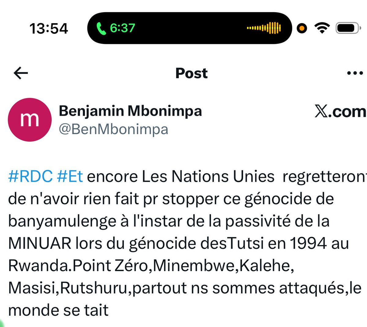 kongolo3's tweet photo. Après avoir lu et analysé les messages de certaines marionnettes du Rwanda, notamment NANGAA et MBONIMPA, qui cherchent à alerter la communauté internationale sur la situation humanitaire et sur ce qu’ils présentent comme un « génocide » dans les hauts plateaux de Fizi, Mwenga et Uvira, particulièrement à Minembwe, une question fondamentale s’impose : sont-ils réellement conscients de leurs responsabilités et de celles de leurs commanditaires dans la situation dramatique que subissent aujourd’hui les populations des hauts plateaux, notamment les Banyamulenge et les autres communautés ?

La situation actuelle à Minembwe et dans les hauts plateaux ne peut pas être analysée sans prendre en compte les responsabilités des acteurs armés qui y opèrent et les événements qui ont conduit à la dégradation de la situation sécuritaire.

Le Rwanda (RDF) depuis 2016, soutenu l’envoi du Red Tabara dans le haut plateaux pour une mission de déraciner le Banyamulenge.  Et en 2025, aurait donné des ordres à Twirwaneho et à ses partenaires du Red Tabara pour chasser les forces gouvernementales (FARDC) de Minembwe, après la mort du colonel Makanika.

Deuxièmement, après le retrait d’Uvira, les forces de l’armée rwandaise se seraient dirigées vers les hauts plateaux, précisément vers Minembwe, où elles auraient rejoint les forces de l’AFC/M23 qui y auraient été déployées l’année précédente, au mois de juin, sous le commandement du colonel Oscar Ndabagaza.

Dans ces conditions, comment peut-on sérieusement présenter la situation actuelle comme étant le résultat d’un prétendu plan du gouvernement congolais ou des forces armées de la RDC ?

Nous devons être extrêmement vigilants face à toute tentative de manipulation de l’opinion nationale et internationale. Nos forces armées doivent prendre toutes les dispositions nécessaires pour protéger les populations civiles de Minembwe et des hauts plateaux, sans distinction de communauté.

Nous devons également rester attentifs aux discours et aux alertes lancés par les différents acteurs impliqués dans cette crise. Toute tentative de provoquer des violences contre une communauté pour ensuite en attribuer la responsabilité aux forces gouvernementales doit être empêchée et dénoncée.

J’en appelle donc à l’unité, à la vigilance et à la responsabilité de toutes les communautés des hauts plateaux. Nous ne devons pas nous laisser diviser ni tomber dans des pièges susceptibles d’aggraver davantage la situation. Nous devons collaborer avec les forces gouvernementales et œuvrer au rétablissement effectif de l’autorité de l’État et de la sécurité pour toutes les populations.

Troisièmement, si certains acteurs cherchent aujourd’hui des prétextes pour étendre les violences vers Fizi, Baraka et d’autres territoires, nous devons rester extrêmement vigilants. Nous ne devons leur donner ni prétexte ni occasion de nous opposer les uns aux autres.

Le Congo appartient à tous les Congolais. Aucune communauté ne doit être sacrifiée au profit des ambitions militaires, politiques ou géopolitiques de qui que ce soit.

Notre priorité doit rester la même : protéger les populations civiles, préserver l’unité nationale, défendre l’intégrité territoriale de la RDC et rétablir l’autorité de l’État dans toutes les zones du pays.

Restons unis, vigilants et responsables. Ne tombons dans aucun piège. @SecRubio @AsstSecStateAF @StateDept @US_SrAdvisorAF @USEmbKinshasa @MONUSCO @HouseForeignGOP @SenateForeign @UrugwiroVillage @Presidence_RDC @MofaQatar_EN @GeneralNeva @_AfricanUnion @NtareHouse @prevotmaxime @EU_Commission @USAmbDRC @USAmbUN