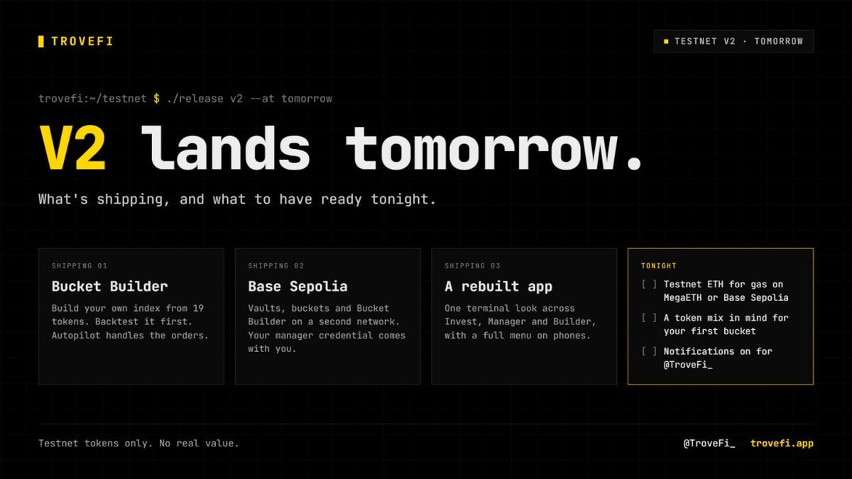TroveFi_'s tweet photo. TroveFi testnet V2 lands tomorrow.

→ Bucket Builder: build your own index
→ Base Sepolia: a second network
→ a rebuilt app

tonight: grab testnet ETH for gas and think about your token mix.

turn notifications on.