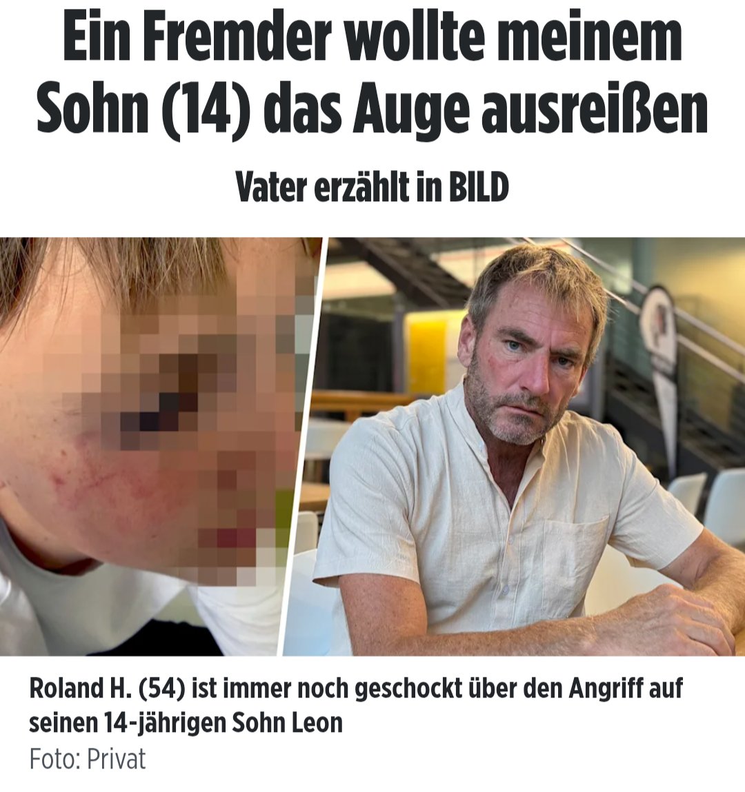 Heilenderer's tweet photo. Freiburg

Ein Junge (14) wartet am 9. September am Bahnhof auf seinen Vater. Sie wollen einen Angelausflug machen.

Plötzlich triffen den Jungen ein Schlag ins Gesicht.

Ein 41 Jahre alter Äthiopier schlägt ihn nieder. Der 14-Jährige prallt durch die Wucht gegen eine Steinstufe. 

Der Äthiopier beugt sich über den Teenager und versucht, ihm das Auge herauszureißen!

"Ich bringe dich um!" soll der Äthiopier geschrien haben. Dies hörte Pino R. (46), ein Cafébetreiber und zögerte nicht, ging dazwischen, zog den Angreifer, der auch ein Teppichmesser und Pfefferspray bei sich hatte, von dem Jungen weg, verhinderte so Schlimmeres. 

DANKE dafür, Pino!

Der 14-Jährige kam ins Krankenhaus. Diagnose: Kieferprellung, Schwindel, Übelkeit und Augenverletzungen.

Der Junge ist jetzt in psychiatrischer Behandlung, wacht nachts schreiend auf, will nie wieder mit dem Zug fahren.

Der Angreifer sagte der Polizei, er habe den Jungen verwechselt...

Achja: Er ist auch wieder auf freiem Fuß 🤷🏼‍♂️