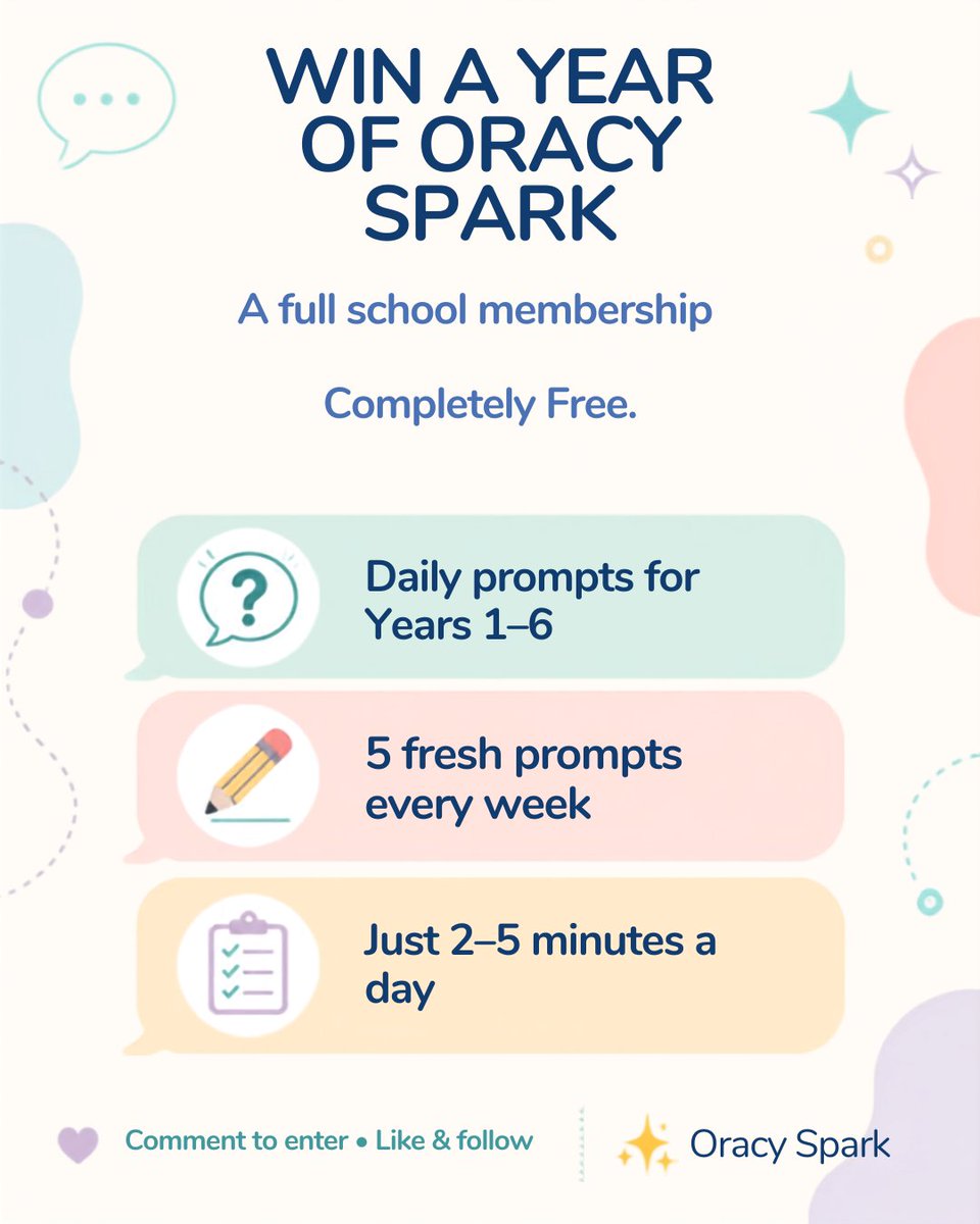 oracyspark's tweet photo. 🎉 WIN a full year of Oracy Spark for your primary school!

💬 Daily oracy prompts
📚 Years 1–6
⏱️ 2–5 mins a day
✨ Minimal prep

To enter, comment on our original Facebook competition post 👇
👉https://t.co/ZsPs6Qi8Qj

Closes 8pm, 24 Sept.

#Oracy #PrimaryTeaching #EdTech https://t.co/03jgsQlfCQ
