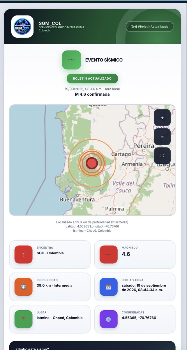 SGM_COL's tweet photo. 🚨 #SGM_COL · #BOLETÍN #ACTUALIZADO

🌎 #EVENTO #SÍSMICO
💥 #Magnitud 4.6

📍 #Sismo registrado en #Colombia 🇨🇴
📍 Epicentro USGS · Colombia
📍 Istmina - Chocó

📏 Profundidad: 39.0 km
📅 Fecha: sábado 19 septiembre 2026
🕗 Hora: 08:44:34 AM

🌐 Coordenadas: 4.55365, -76.76766

🔎 Ver en el mapa 2D:
https://t.co/Zh9y0ZUBXf

📢 Reporte si lo sentiste:
https://t.co/90e59wxkC5
Boletín  actualizado 

https://t.co/x10qZvKxN0

#Sismo #Temblor #Chocó #Istmina #Colombia #USGS #Alerta #ÚltimaHora