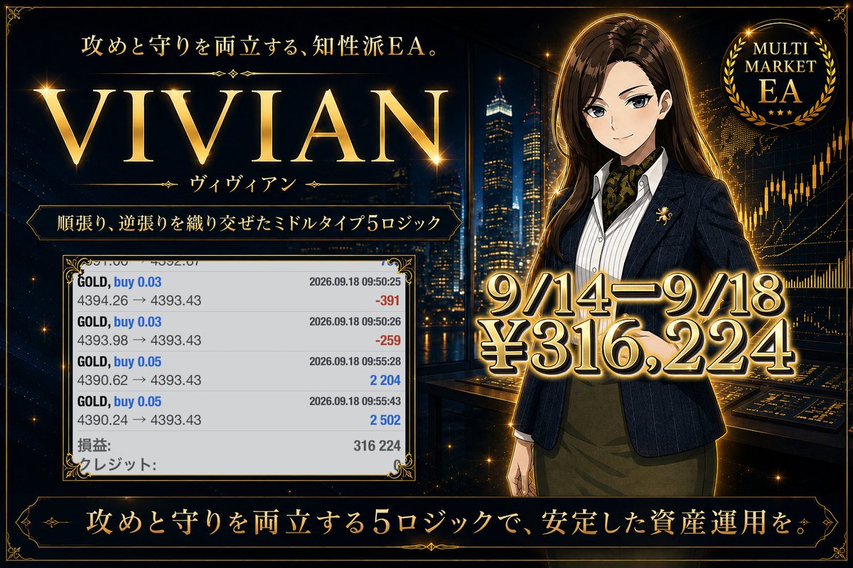 Sera_GoldTrader's tweet photo. セーラEAグループ最新作
💎 VIVIAN💎

9/14～9/18
+316,224円

相場に合わせて、
最適な一手を選び続ける。

順張り、逆張りを織り交ぜた
ミドルタイプ5ロジック搭載。
攻めと守りを両立する、
知性派EAです📈✨

ご利用希望はこちらから💁‍♀️
「ゴールドEA部屋【無料】」
https://t.co/eX4ebiEQyo https://t.co/wTOHOiyIYw