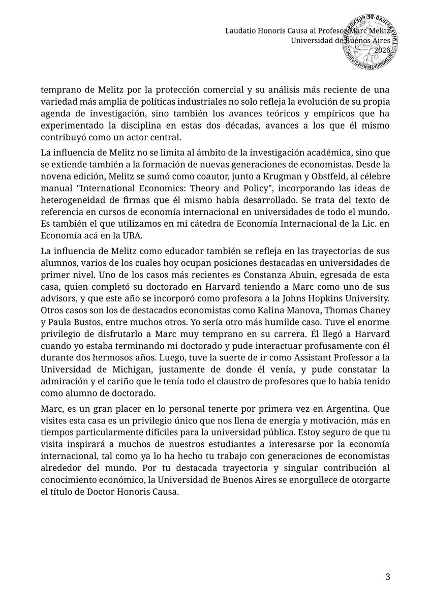 juancahallak's tweet photo. El pasado martes di el "Laudatio" en la entrega del Doctorado Honoris Causa a Marc Melitz, autor de la que probablemente sea la contribución más importante del siglo XXI a la teoría del comercio internacional. Comparto mi discurso para quien le interese conocer más su trabajo. https://t.co/BQVB5Rk48E