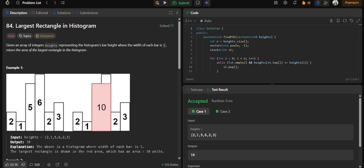 ashish_a15's tweet photo. 🌟 Day 121 👨‍💻
Solve @LeetCode

✅ LC. 1401. Circle &amp; Rectangle Overlapping (POTD)
✅ LC. 84. Largest Rectangle in Histogram
✅ LC. 85. Maximal Rectangle

SQL theory running on the backend 😑 CS50

#DSA #LeetCode #Coding #POTD #CS50 @LeetCode https://t.co/hUw07Aix4I