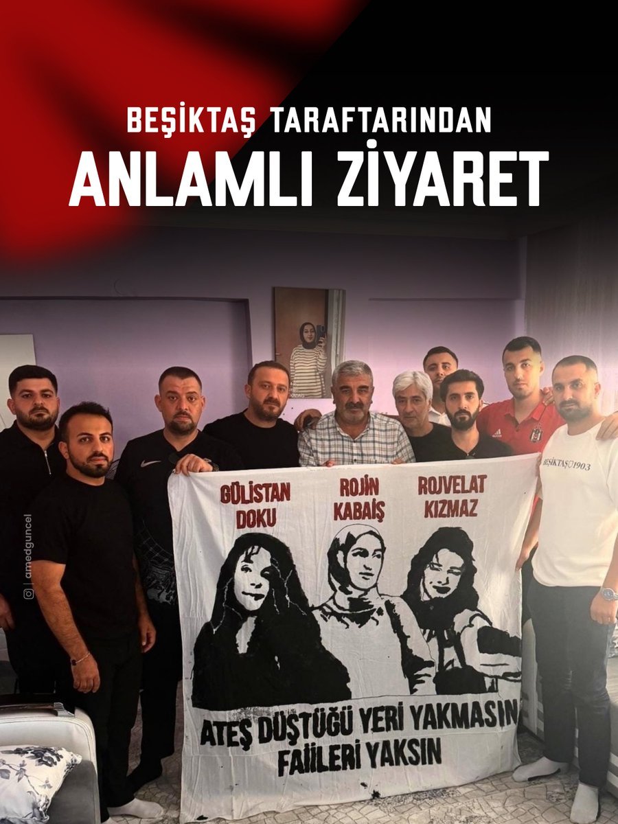 halkintakimi21's tweet photo. Rojin Kabaiş’in ailesine anlamlı ziyaret.

Amedspor–Beşiktaş maçı için Diyarbakır’a gelen Çarşı Doğuanadolu grubu, Nizamettin Kabaiş’i ziyaret ederek aileye başsağlığı ve dayanışma dileklerini iletti.

Taraftarlar, “Ateş düştüğü yeri yakmasın, failleri yaksın” yazılı pankart açtı https://t.co/W4jx3SlNa6