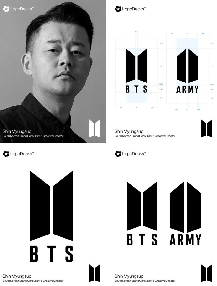 HobiCasa's tweet photo. Logo Deck featured Shin Myungsup (신명섭), the South Korean brand consultant and creative director who is behind the BTS and ARMY logos and they had this beautiful piece written with the post! ⬇️

"The Door That Opens From Both Sides."

In 2017 BTS became the first Korean act to win a Billboard Music Award and was named by TIME among the 25 most influential people on the internet. That same year, Korean designer Shin Myungsup and his team at PlusX were brought in to rebuild the group's identity. The name was the first problem: Bangtan Sonyeondan, "Bulletproof Boy Scouts,' had been built around defending teenagers from prejudice, and the Korean wordmark read as something else entirely abroad.

Working from producer and member interviews, PlusX redefined the acronym as Beyond The Scene: youth that refuses to settle, stumbling and rising toward something further ahead. The symbol came directly from that sentence. Two angled planes open outward, a door caught mid-swing, with light breaking through the gap.

The clever part is the second mark. ARMY, the group's fandom, was given the same door drawn from the opposite side, seen by those waiting to welcome them through. Placed together, the two symbols close into a single opening. From there the studio proposed carrying the act of opening into every touchpoint: packaging that unfolds like a door, and a concert opening in which an enormous door parts and the members walk out of it.

Recognised at the iF Design Award, the German Design Award, A' Design Award and the IDEA Award, the identity found its real proof elsewhere. Fans began drawing their own versions of the mark, extending a system built to survive constantly changing album concepts.

One door, drawn twice. A symbol that completes only when someone is standing on the other side."
