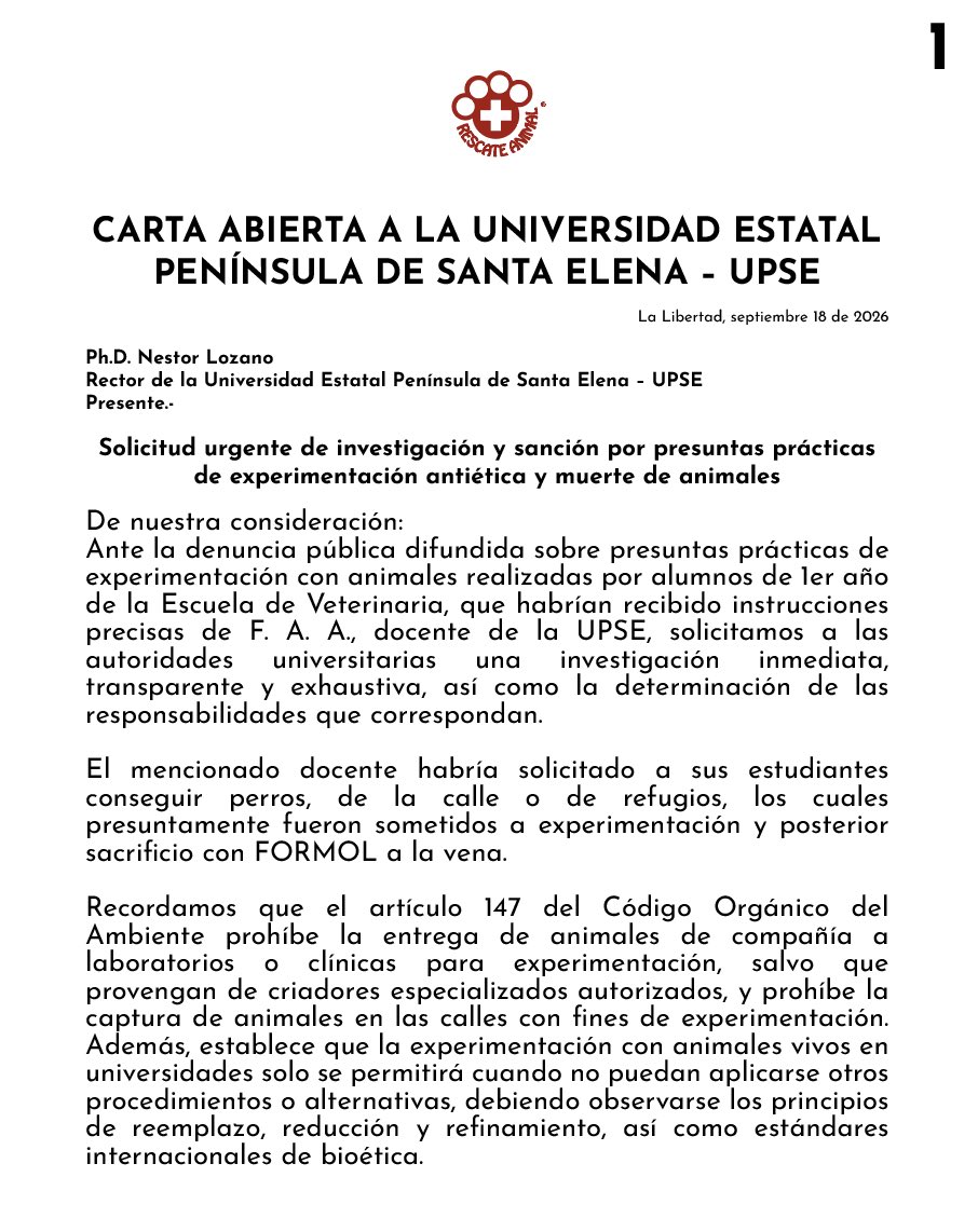 RescateAnimalEC's tweet photo. Las Facultades de Veterinaria no pueden convertirse en carnicerías, en nombre de la “experimentación”.
@upse_ec Exigimos verdad, justicia, sanciones ejemplarizadoras.
Nuestros jóvenes necesitan ser formados con la ética como bandera. https://t.co/oxIFPZazFX