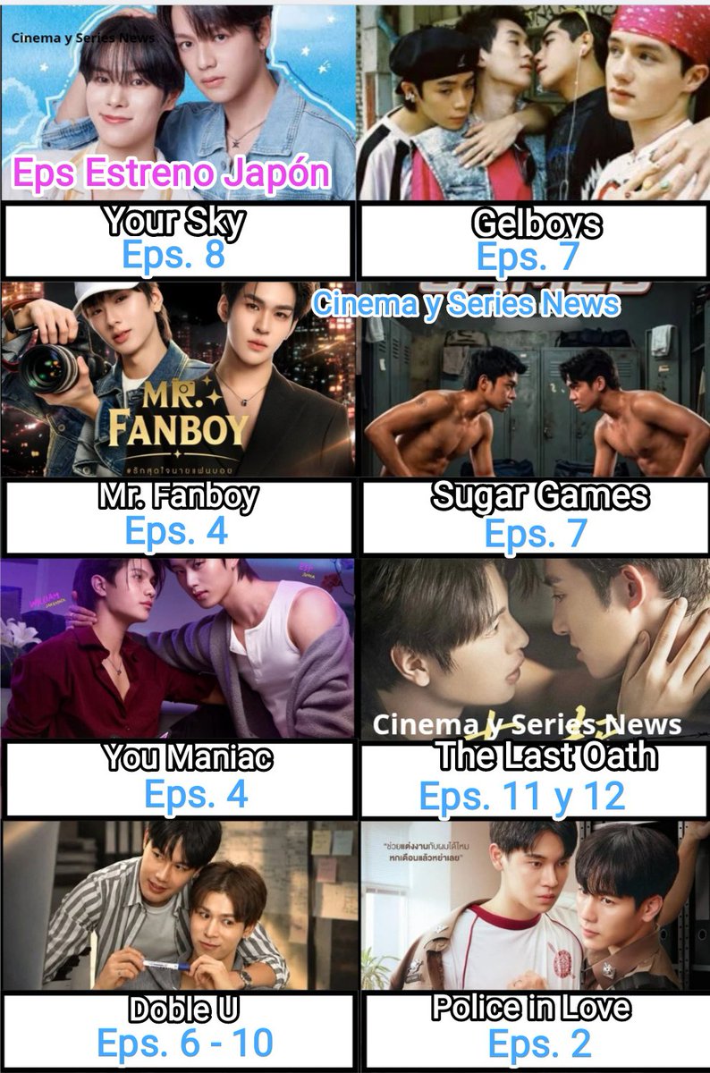 CinemaSerieNews's tweet photo. #seriesbl sΓ‘bado 19 Septiembre #YourSkyEp8 #PoliceInLoveEp2 #TheLastOathEp11 y 12 #MrFanboyEp4 #YouManiacEp4 #GelBoysS2Ep7 #SugarGamesEp7 #ProjectXYEp3 #DobleUEp6-10 #TheKidnaperWasMyLovedOneEp2 #TheReadLeashEp1 #TheMissingPieceEp5 #Tendencia #Serie2026 #Estreno2026 #blthai #bl https://t.co/4nlalCOi4q