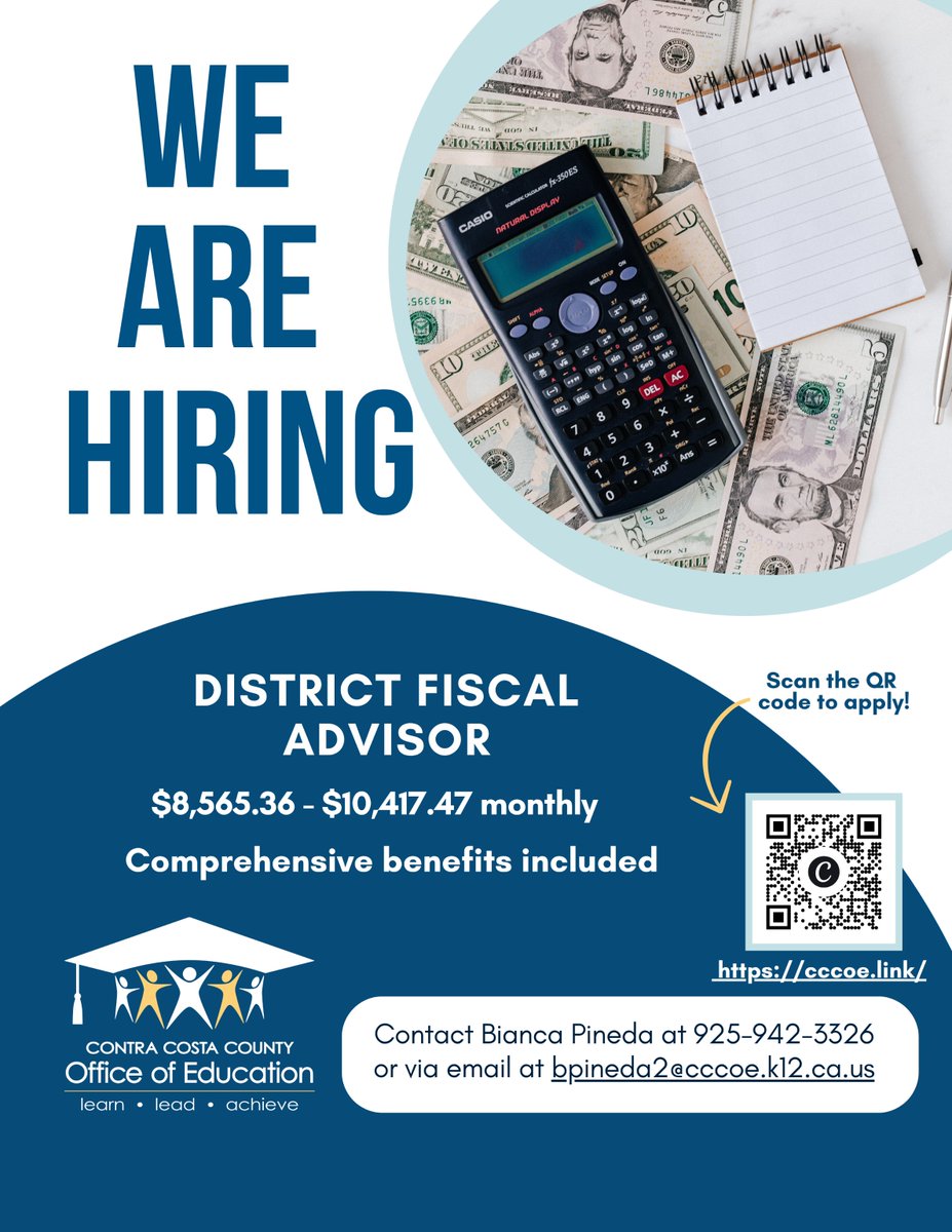 CoCoSchools's tweet photo. District Fiscal Advisor Opening
CCCOE offers a competitive monthly salary of $8,565.36 to $10,417.47, outstanding family benefits, a pension plan, a positive work environment, and opportunities for professional growth and advancement. Learn more at https://t.co/mHUbYfDAlL. https://t.co/KqnNuLXkLo
