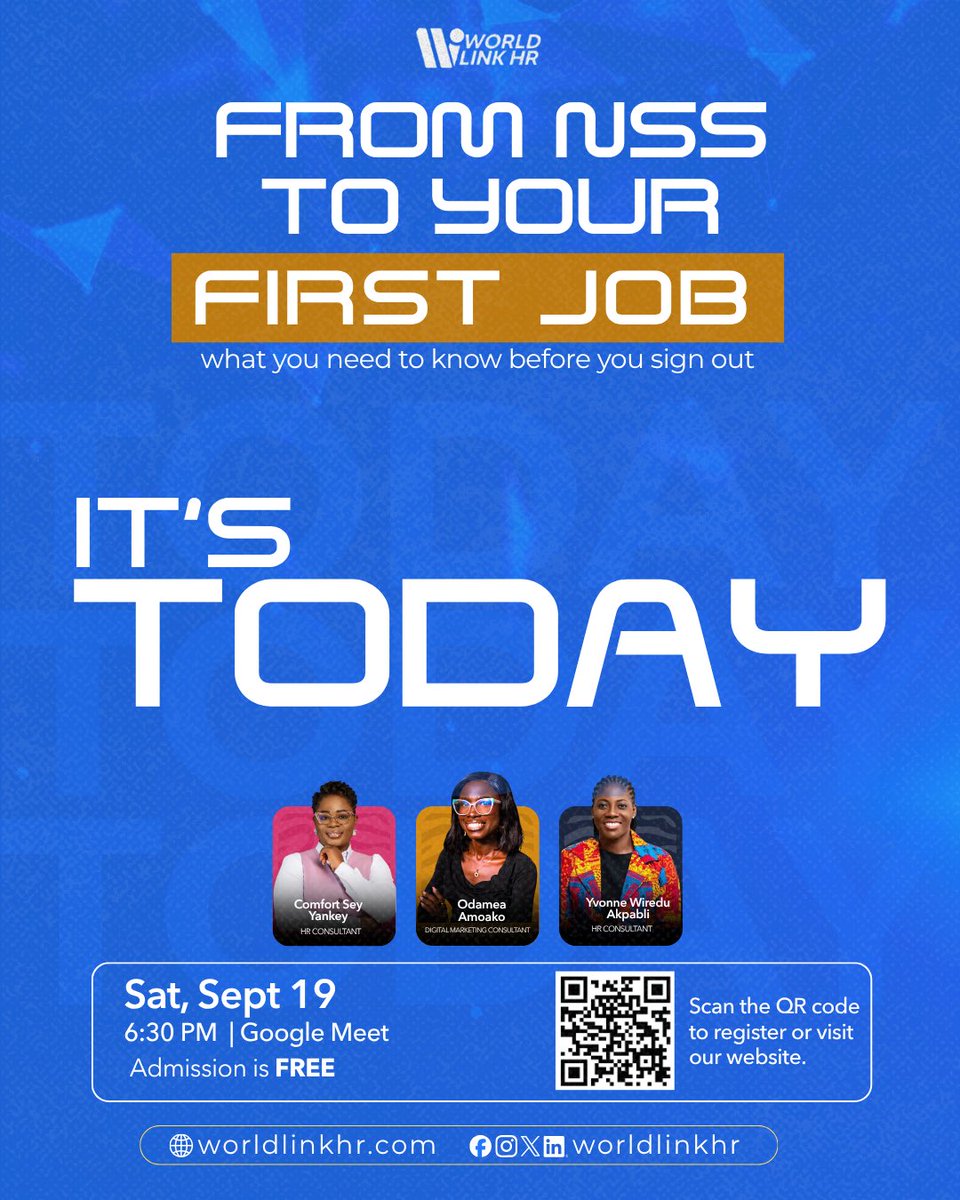 WorldlinkHR's tweet photo. 🚨 It’s TODAY! 🚨

📅 Today, Sat, Sept 19
🕡 6:30 PM | Google Meet
🎟️ Admission is FREE

👉 Scan the QR code on the flyer or register at https://t.co/kDgcXUMNpH

Tag a service person who needs this! 💼

#WorldLinkHR #NSS #FirstJob #CareerGuidance https://t.co/OHuzHay9c1