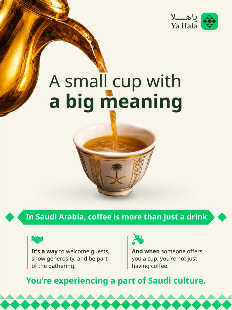 Yahalaedu's tweet photo. A small cup with a big meaning ☕

In Saudi Arabia, coffee isn't just a drink — it's how you welcome guests and show generosity.

When someone offers you a cup, you're experiencing a part of Saudi culture.

#SaudiCulture #YaHala https://t.co/wlEm0fZDBw