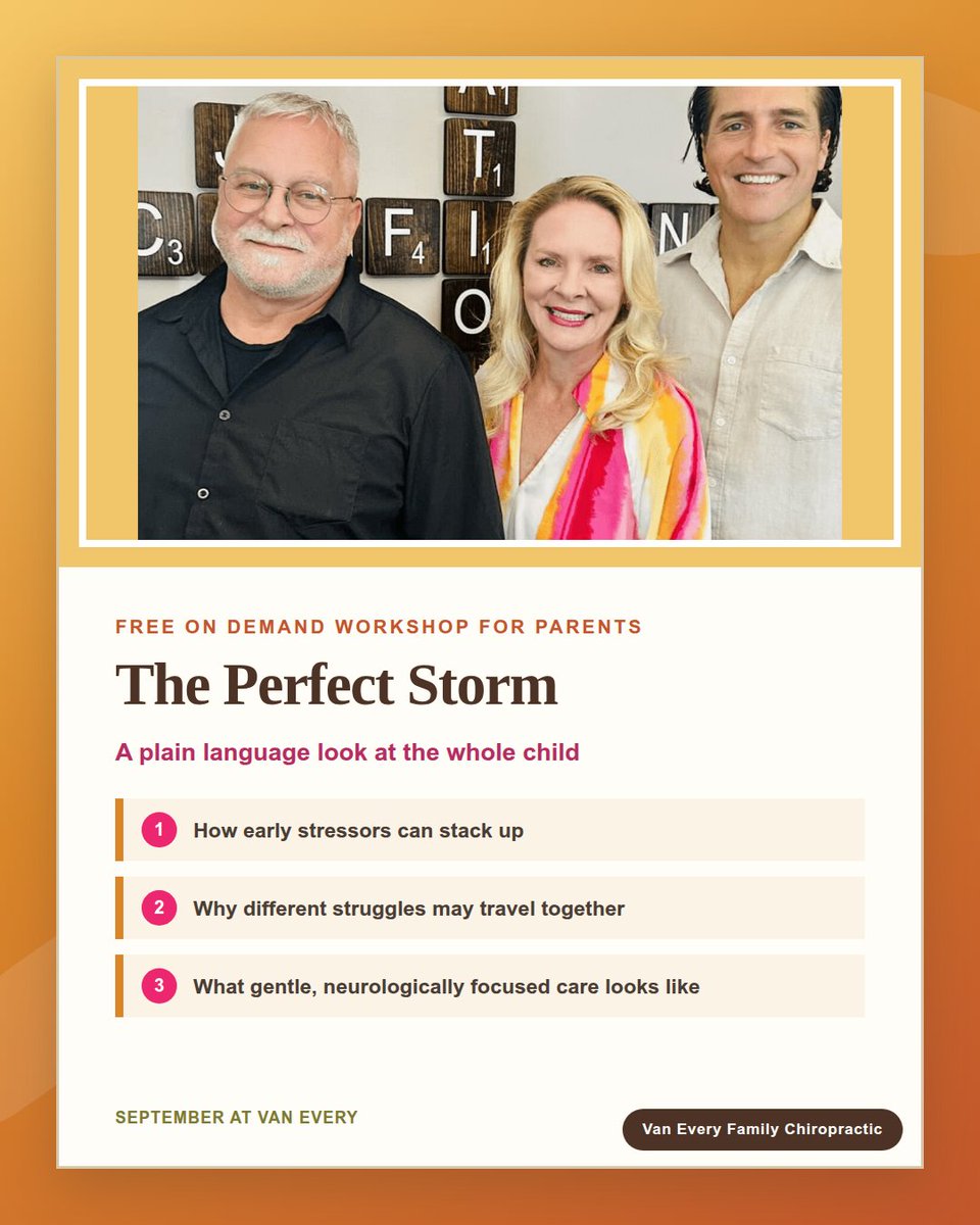 VEchiropractic's tweet photo. Our free Perfect Storm workshop looks at how early stressors can stack up and why we pay attention to the whole child. Watch: https://t.co/P0T9tp4Cs9

Schedule your next visit: https://t.co/s5XHhJRIhu https://t.co/vITJQzTF6C