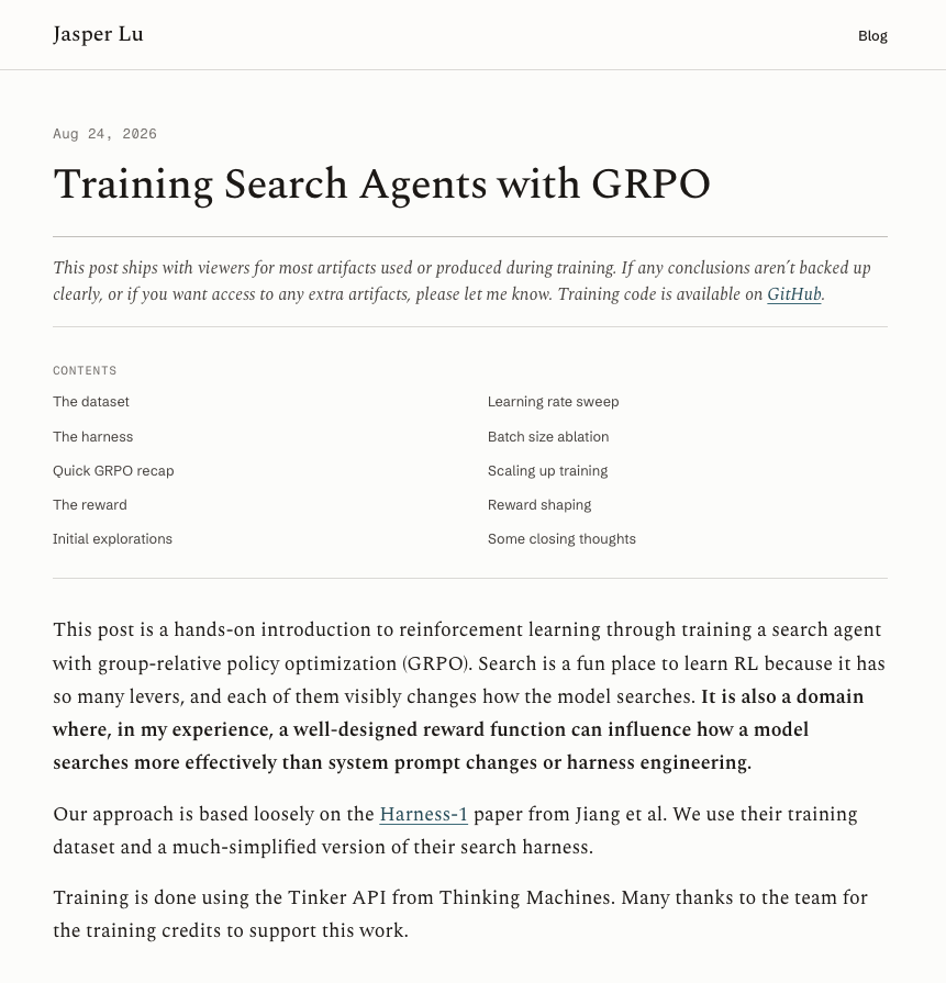 adithya_s_k's tweet photo. We need more examples like this in the open-source RL ecosystem

Very well-written and articulated blog by @lu_jasper on training search agents with GRPO was a nice weekend read !! https://t.co/s66t6NqeZH