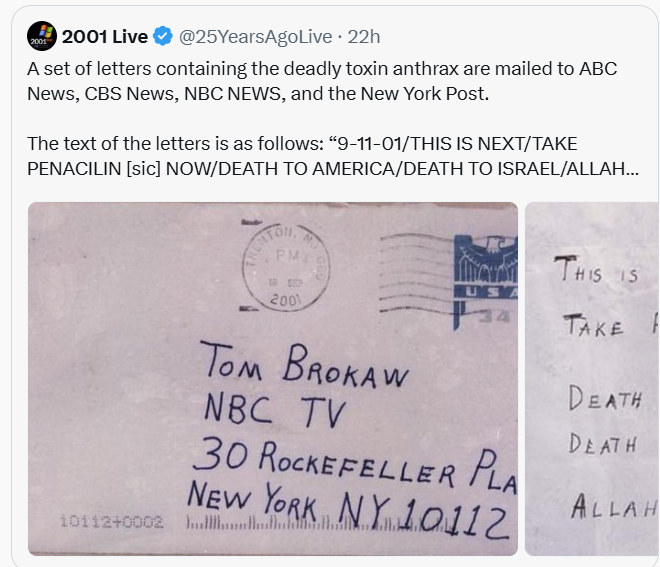 R_H_Ebright's tweet photo. 25 years ago, a sociopathic US Army bioweapons-agents researcher mailed anthrax spores to Congress and media outlets.

The attack resulted in a 20x increase in US budgets for bioweapons-agents research and a 20x increase in the number of sociopaths with access to bioweapons agents.