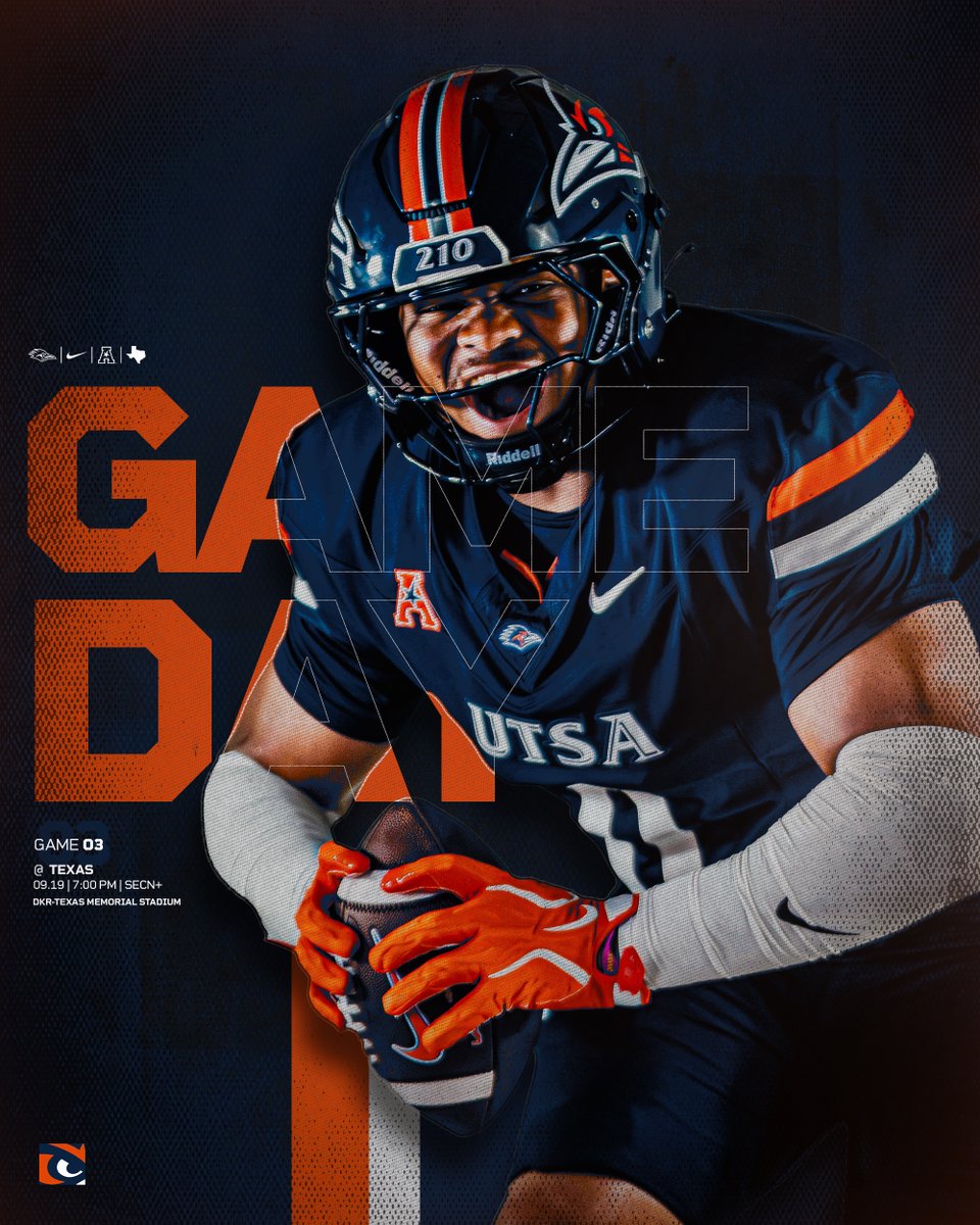 UTSAFTBL's tweet photo. 𝐆𝐀𝐌𝐄 𝐃𝐀𝐘

UTSA 🆚 No. 1 Texas
🕖 7 PM
🏟️ DKR-Texas Memorial Stadium
📍 Austin, Texas
📺 SEC Network+
💻 https://t.co/9nEM2fzM1s
📻 https://t.co/jtq98AbbJI
📊 https://t.co/xWmynLPxgx

#210TriangleOfToughness | #BirdsUp 🤙 https://t.co/agludOtVzb