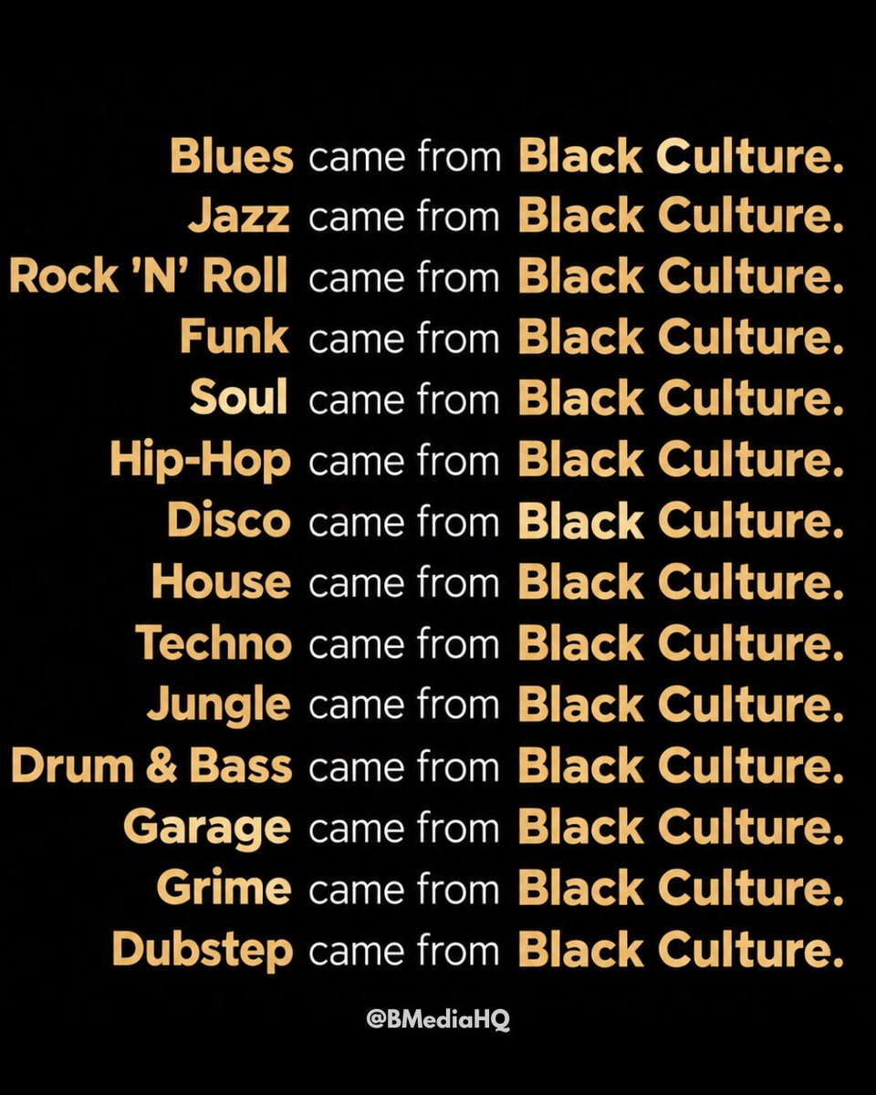 BmediaHQ's tweet photo. So much of the music we listen to today carries the fingerprints of Black creativity, even when that history is rarely mentioned. Blues developed from the experiences of Black Americans in the South, drawing from spirituals, work songs, field hollers and African musical traditions. Jazz emerged from Black communities in New Orleans and transformed those foundations through improvisation, rhythm and experimentation. From those traditions came rhythm and blues, which helped shape rock ’n’ roll through pioneers such as Chuck Berry, Little Richard, Sister Rosetta Tharpe and Fats Domino, long before the genre became associated with some of its biggest white stars.

Soul and funk pushed that influence even further. Artists such as James Brown, Aretha Franklin, Sly Stone, George Clinton and countless others created sounds that would become building blocks for generations of music. Disco grew largely from Black, Latino and LGBTQ+ nightlife in cities such as New York and Philadelphia, while hip-hop emerged from predominantly Black and Latino communities in the Bronx during the 1970s, turning turntables, breakbeats, rhymes and neighborhood parties into a culture that eventually spread around the world.

Black innovation also sits at the heart of electronic dance music. House was pioneered largely by Black DJs and producers in Chicago, particularly around clubs such as the Warehouse, while techno developed through Black artists in Detroit, including Juan Atkins, Derrick May and Kevin Saunderson. Across the Atlantic, Black British and Caribbean communities played major roles in the development of jungle, drum and bass, UK garage, grime and dubstep, drawing heavily from Ja