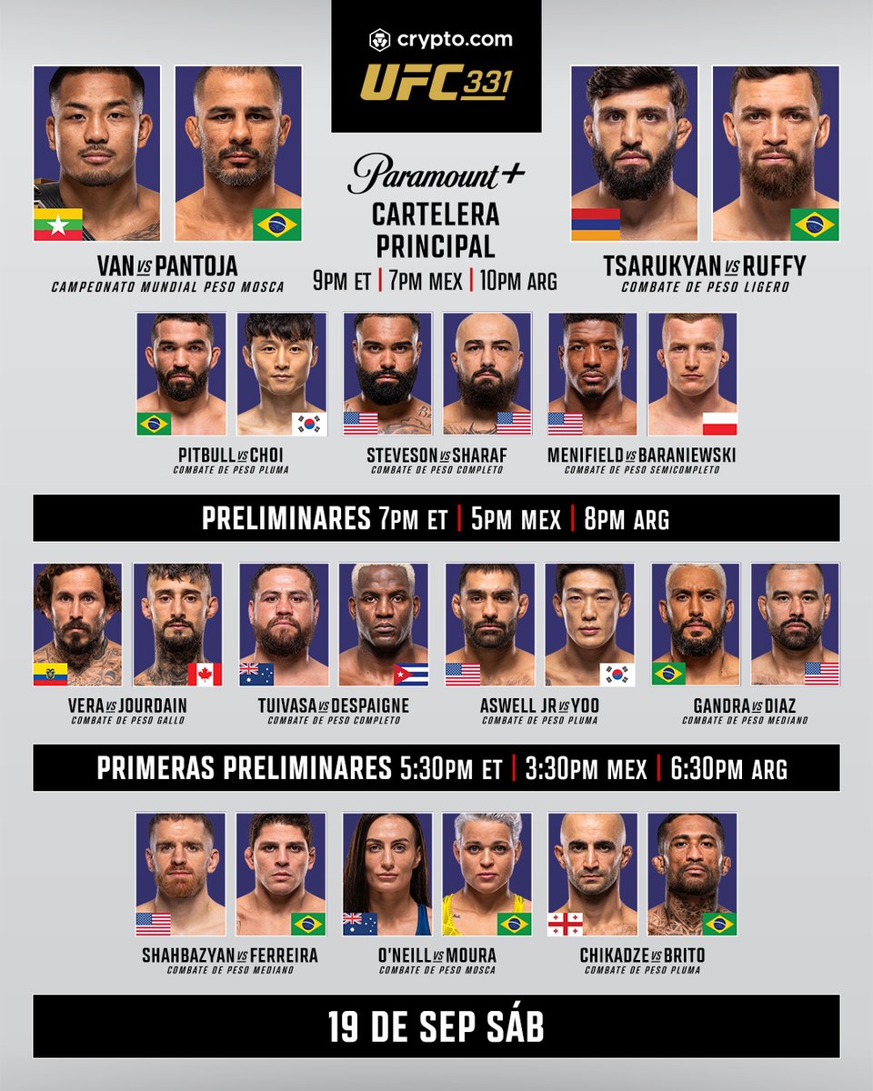 UFCEspanol's tweet photo. Alfombra roja lista para las estrellas hoy en Los Ángeles ☀️

ESTELARES 9pm ET 🇺🇸 / 7pm 🇲🇽 / 10pm 🇦🇷 / 3am 🇪🇸⁣
PRELIMS 7pm ET 🇺🇸 / 5pm 🇲🇽 / 8pm 🇦🇷 / 1am 🇪🇸⁣
PRIMERAS PRELIMS 5:30pm ET 🇺🇸 / 3:30pm 🇲🇽 / 6:30pm 🇦🇷 / 11:30pm 🇪🇸⁣
⁣
#CryptoCom #UFC331 | Sáb. 19 de Sep. | En vivo por @PPlusDeportes