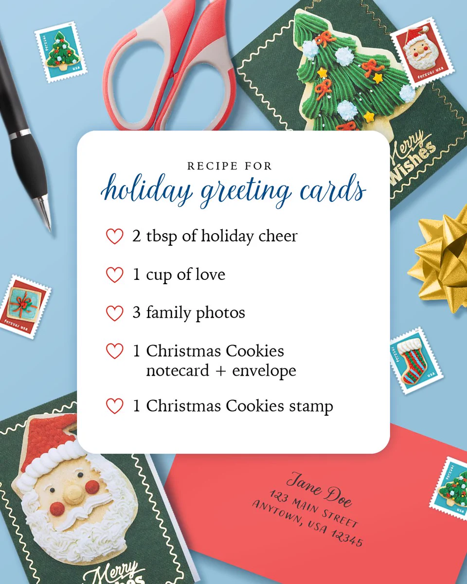 Christmas card supplies including a black pen, scissors, gift bow, Christmas cards and envelopes, and Christmas Cookies stamps are behind a text box reading, “Recipe for holiday greeting cards: 2 tbsp of holiday cheer, 1 cup of love, 3 family photos, 1 Christmas Cookies notecard + envelope, and 1 Christmas Cookies stamp.”