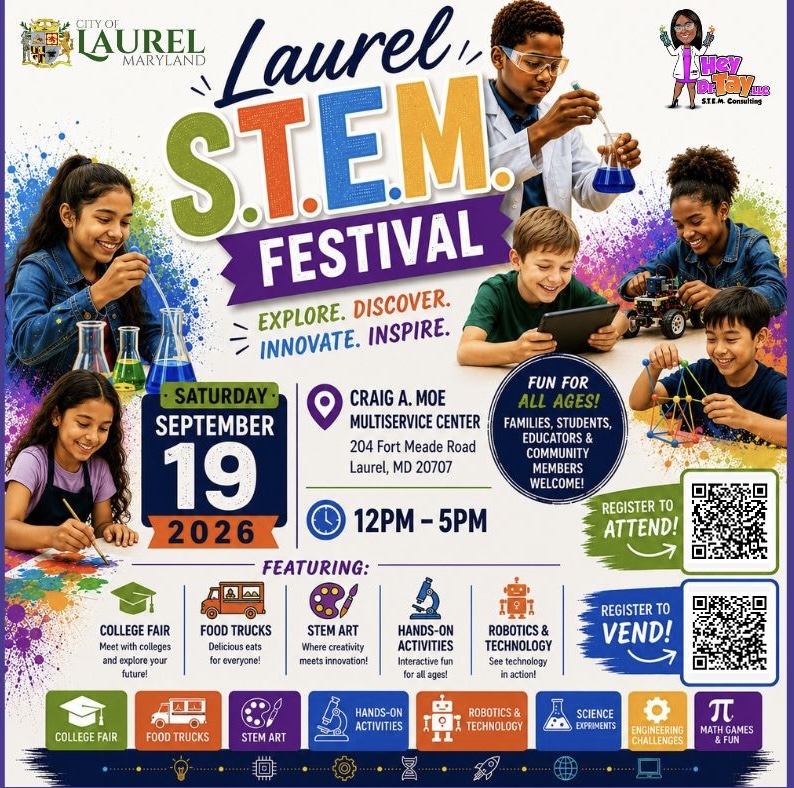 cityoflaurel's tweet photo. Today (9/19) is the Laurel STEM Festival hosted by the Hey! Dr. Tay Foundation!

Held at the Laurel Multiservice Center from 12-5p, attendees will be able conduct experiments, build with robotics, connect with colleges, &amp; more for free

Register here: https://t.co/W6AXDqIaYx https://t.co/9wtOSxWUzH