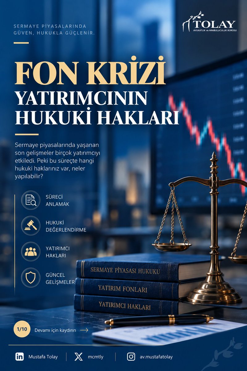 mcmtly's tweet photo. Fon Krizi ve Yatırımcının Hukuki Hakları

Sermaye piyasalarında son dönemde yaşanan gelişmeler, hem yatırım fonu katılma payı sahipleri hem de hisse senedi yatırımcıları açısından önemli hukuki soruları beraberinde getirdi.

Fon yönetim şirketlerinin ve portföy saklayıcılarının sorumluluğu, SPK’nın gözetim ve denetim yükümlülüğü, tazminat imkânları ve ceza hukuku boyutunu ana hatlarıyla bu çalışmada ele aldım.

Her yatırım zararı tek başına tazminat hakkı doğurmaz. Hukuki sorumluluğun, her yatırımcının somut durumu ve işlem geçmişi çerçevesinde ayrı ayrı değerlendirilmesi gerekir.

📌 Detaylar için görselleri kaydırabilirsiniz. Sorularınızı buradan iletebilirsiniz.

Bu süreç sabır gösterilmesi gereken bir süreç olup tüm yatırımcılar paniklemeden sabırlı olarak süreci takip etmelidir.

Bu paylaşım genel hukuki bilgilendirme amacı taşımaktadır.
#TeraFonMağdurları #TERAsözünesahipçik #terayatırım #pusulaportföy #HEDEF #TERA #BULLS #A1CAPITAL #ATLAS #PARDUS