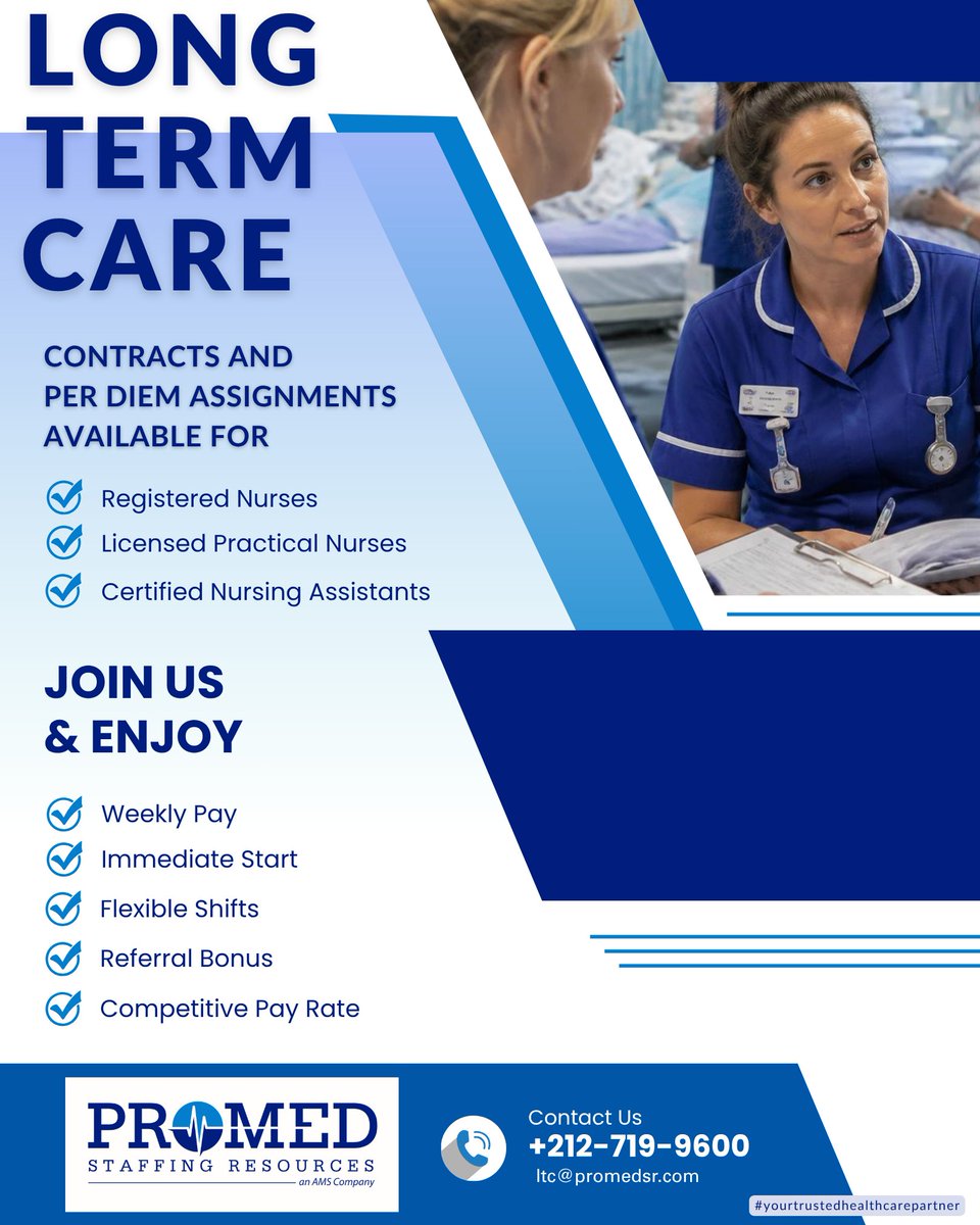 promed_staffing's tweet photo. Launch your career with ProMed Staffing Resources! Call us at 212-719-9600 ext. 306 or email your resume to ltc@promedsr.com today.
#longtermcare #longtermcarefacilities #newgradrn #newgradjobs #newgradnurse #lpn #licensedpracticalnurse #rn #registerdnurse #nyc #promedsr #hiring https://t.co/jYTUH5cULD