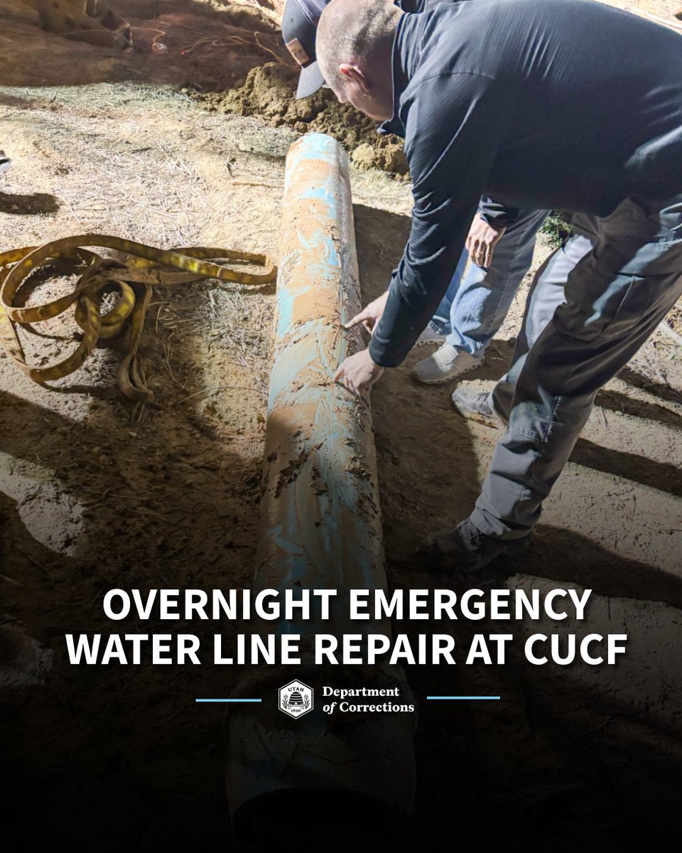 UtahCorrections's tweet photo. Overnight water main repairs at CUCF wrapped up before daybreak thanks to seamless teamwork with Gunnison City maintenance crews. Emergency contingency plans ensured continuous drinking water and sanitation access for all housing units throughout. #UtahCorrections https://t.co/iWrRfwLNsU