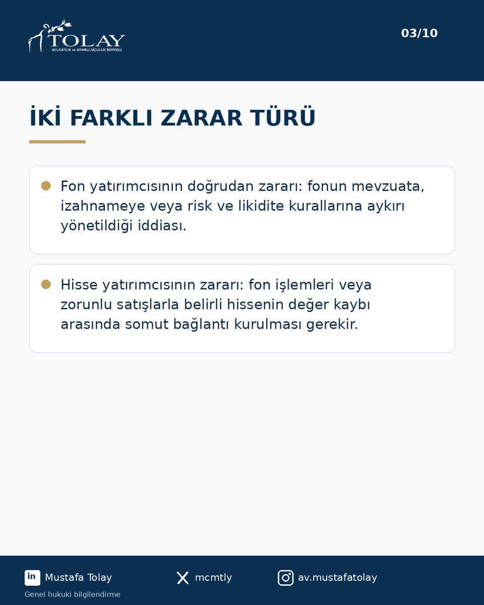 mcmtly's tweet photo. Fon Krizi ve Yatırımcının Hukuki Hakları

Sermaye piyasalarında son dönemde yaşanan gelişmeler, hem yatırım fonu katılma payı sahipleri hem de hisse senedi yatırımcıları açısından önemli hukuki soruları beraberinde getirdi.

Fon yönetim şirketlerinin ve portföy saklayıcılarının sorumluluğu, SPK’nın gözetim ve denetim yükümlülüğü, tazminat imkânları ve ceza hukuku boyutunu ana hatlarıyla bu çalışmada ele aldım.

Her yatırım zararı tek başına tazminat hakkı doğurmaz. Hukuki sorumluluğun, her yatırımcının somut durumu ve işlem geçmişi çerçevesinde ayrı ayrı değerlendirilmesi gerekir.

📌 Detaylar için görselleri kaydırabilirsiniz. Sorularınızı buradan iletebilirsiniz.

Bu süreç sabır gösterilmesi gereken bir süreç olup tüm yatırımcılar paniklemeden sabırlı olarak süreci takip etmelidir.

Bu paylaşım genel hukuki bilgilendirme amacı taşımaktadır.
#TeraFonMağdurları #TERAsözünesahipçik #terayatırım #pusulaportföy #HEDEF #TERA #BULLS #A1CAPITAL #ATLAS #PARDUS