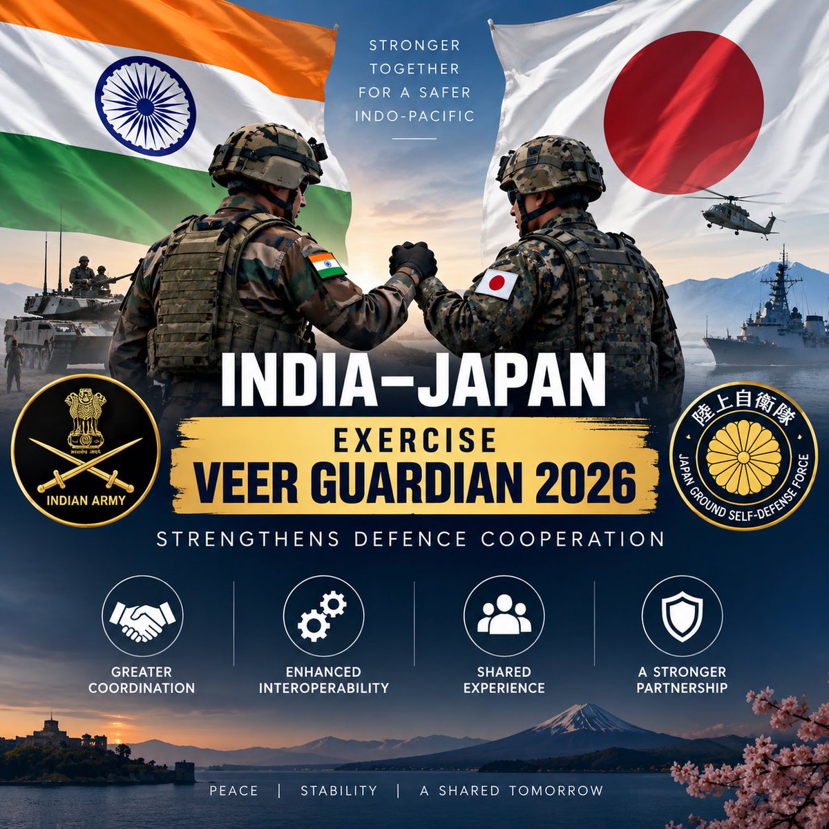 WhyIndiaWins's tweet photo. Stronger Together for a Safer Indo-Pacific! 🇮🇳🤝🇯🇵 India-Japan Exercise Veer Guardian 2026 strengthens defence cooperation with greater coordination, enhanced interoperability &amp; shared experience.

#IndiaJapan #VeerGuardian2026 #DefenceCooperation #IndoPacific https://t.co/DCnx0NbFSR