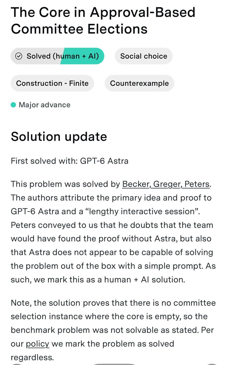 futuristbench's tweet photo. GPT-6 Astra has reportedly helped solve FrontierMath’s first “major advance” problem.

Crucially, the researchers credit the model with the primary idea and proof, not simply verifying work produced by humans.

They say they doubt they would have found the proof without Astra.

A significant milestone for AI-assisted mathematics.