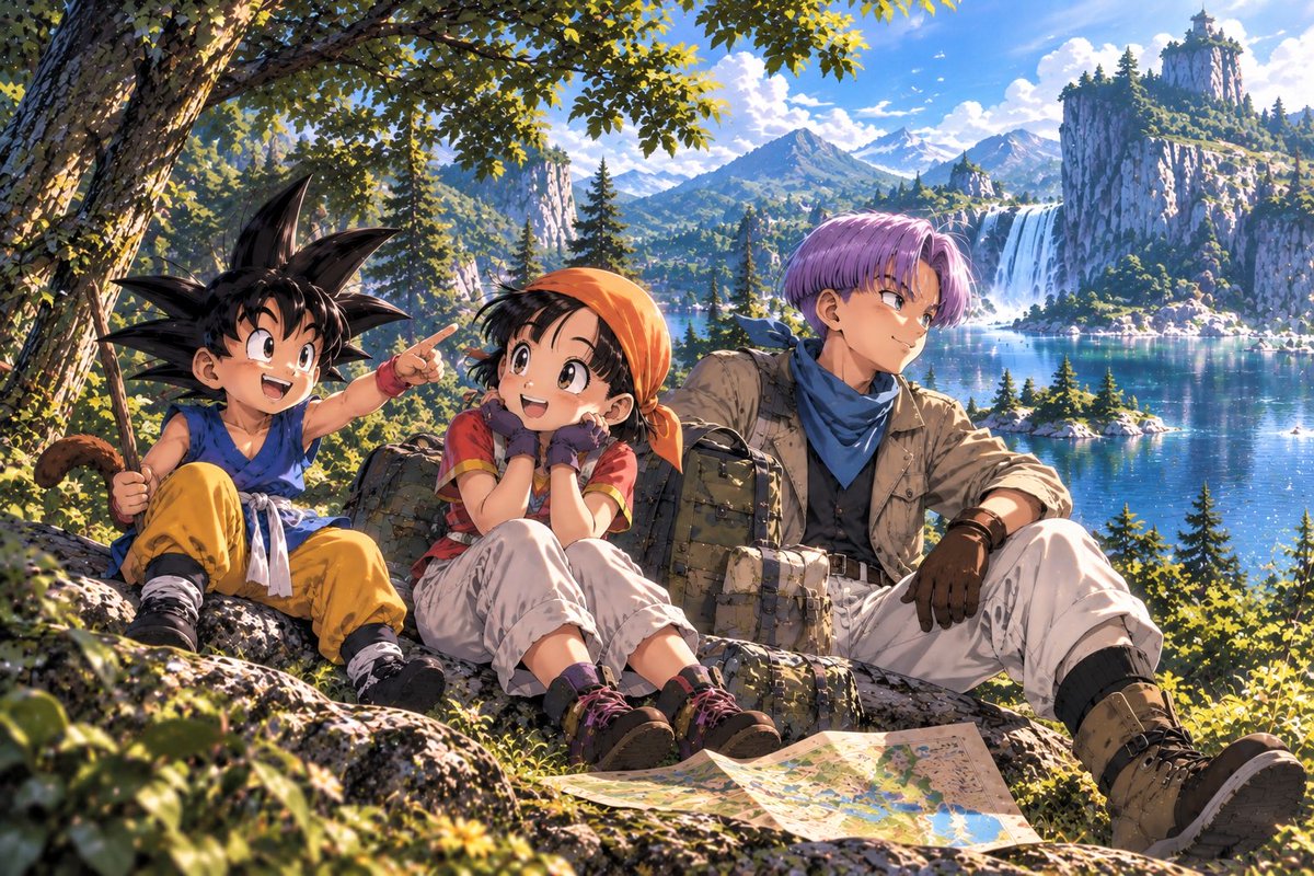Numacchi827's tweet photo. テーマは冒険者

悟空、パン、トランクスの3人で

過ごす、ちょっとした旅のひとコマを

デザインアートに♪( - ∀ - )

水瀬ことねのプロンプトから生まれた

３人をお楽しみ下さい(^-^)

＃悟空 #パン #トランクス #AIart️️️️️️️️️️️️️️️️️️️️️️️️️️️️️️️️️️️️️️️️️️️️️️️️️️️