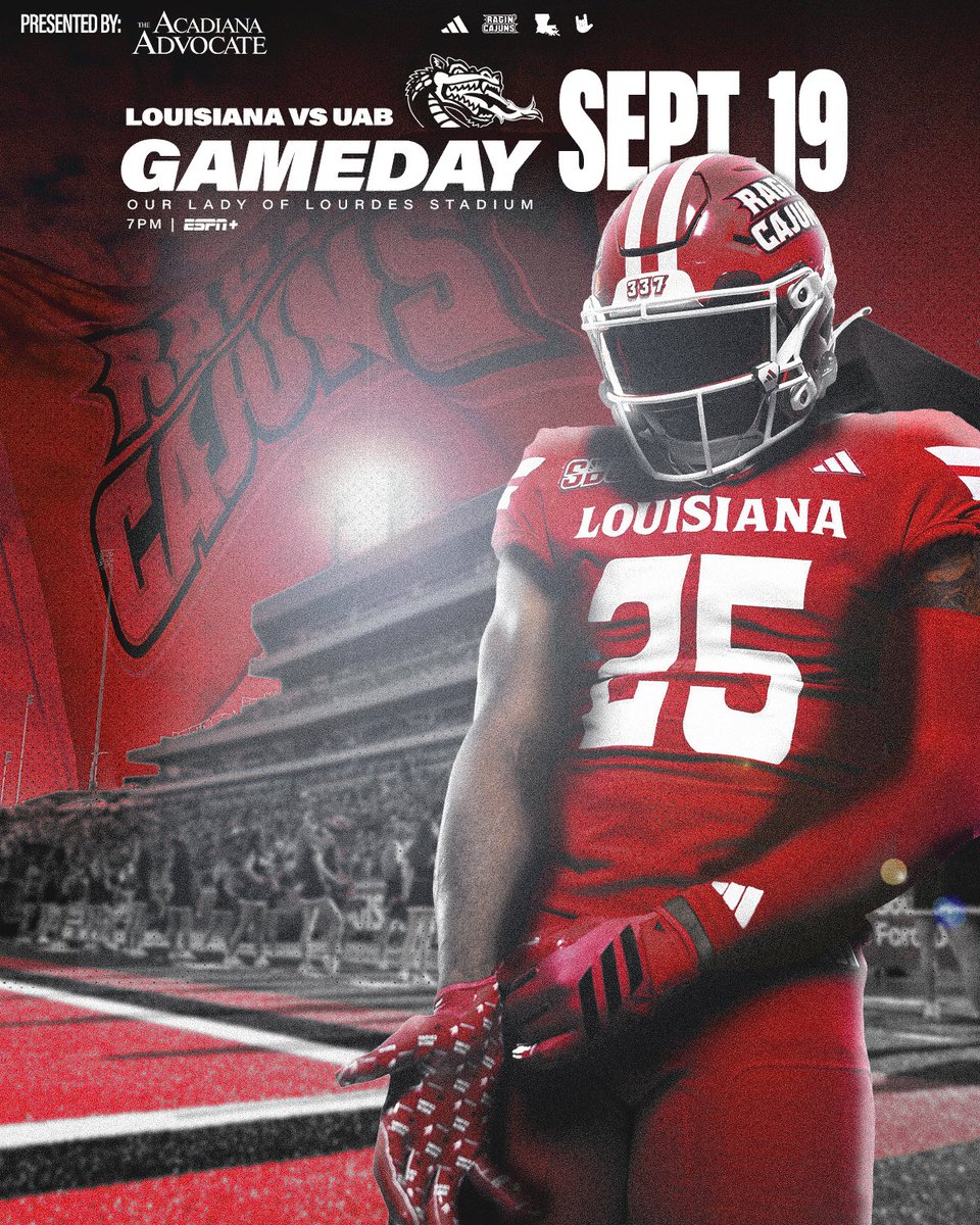 RaginCajunsFB's tweet photo. Let's 𝗚𝗘𝗔𝗨𝗫! 

🆚 UAB
📅 09.19.26
⏰ 7:00 pm
🏟 Our Lady of Lourdes Stadium
📺 ESPN+
📻 Hot 107.9 🔥 / 103.3 🐐 / 1420 AM / Varsity Network 
🎟️ https://t.co/ZnPoyZAnzV

#cULture | #GeauxCajuns https://t.co/irnu1xSNSh