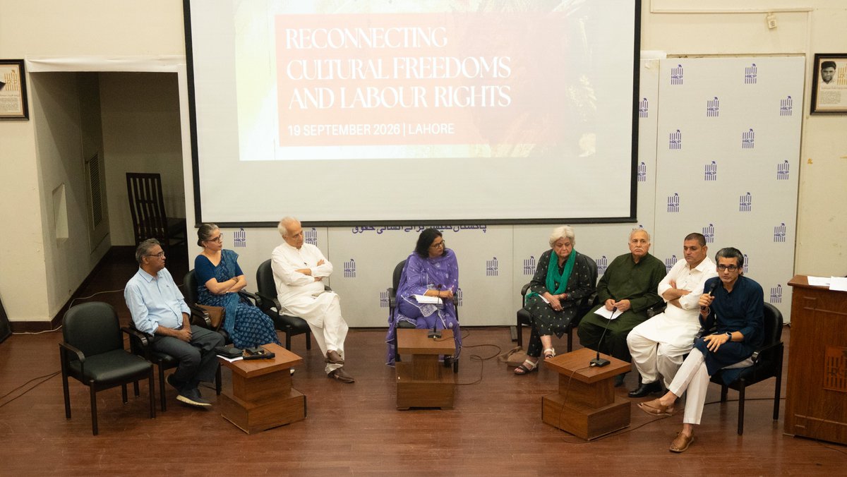 HRCP87's tweet photo. 🔴 Press release

HRCP convention calls for renewed alliance between labour and cultural movements

19 September 2026, Lahore. At a convention titled ‘Reconnecting Cultural Freedoms and Labour Rights’, hosted by the Human Rights Commission of Pakistan (HRCP), participants called for a renewed alliance between labour and cultural movements.

Moderated by rights campaigner Zeeshan Noel, the convention opened with actor Khaled Anum performing verses by Mian Muhammad Bakhsh and Sachal Sarmast. HRCP chairperson Asad Iqbal Butt said that the preservation of democracy and human rights was contingent on a strong labour movement.

The first session, ‘Voices of Solidarity’, featured video messages from fisherfolk rights activist Talib Kachhi and visual artist Imran Ullah Hunzai, and poetry by Nazeer Qaiser and Asghar Nadeem Syed. Labour rights activist Boota Imtiaz Masih called for a union for sanitation workers, while Farooq Tariq of the Pakistan Kissan Rabita Committee said that solidarity was essential. Actor Samiya Mumtaz traced society’s treatment of artists to hierarchies that degraded manual labour.

A panel moderated by rights campaigner Tanveer Jahan heard historian Dr Ali Raza argue that contemporary ‘hyper-politics’ lacked the institutions and unions that once sustained a progressive tradition. Journalist Shahzada Zulfiqar highlighted low wages for media workers, while National Labour Federation general secretary Umar Hayat described the weakening of labour unions in Balochistan. Screenwriter Bee Gul said satellite television had forced her to camouflage serious subjects within depoliticised storylines. Journalist Wajahat Masood argued that workers and artists occupied a subversive space threatening to the state. Ajoka Theatre’s Shahid Mahmood Nadeem said social drama needed a corresponding workers’ movement, while HRCP Council member Salima Hashmi called for a strategy allowing younger generations to find their own way.

The third session featured video messages from dancer Sheema Kermani, musician Haroon Bacha and veteran actors Mustafa Qureshi and Nadeem Baig, alongside words of solidarity from actor and director Saba Hameed. All Pakistan Workers Federation president Gohar Taj noted that Pakistan still lacked a functioning minimum wage. Writer Sharif Awan reflected on classical music, while visual artist Masooma Syed said artistic resistance often came at the cost of survival. Actor Ayesha Toor described the difficulty of speaking up for artistic freedom in a capitalist society. HRCP treasurer Husain Naqi said poets could provide inspiration in moments of despair.

Concluding the convention, HRCP secretary-general Harris Khalique presented a charter endorsed by participants, affirming that the right to work with dignity and the right to create freely were inseparable. It called for a living wage, safe workplaces, social protection for all workers including informal labour, the right to unionise and bargain collectively, equal rights and pay, protection against discrimination and violence, recognition of cultural work as labour, workers’ participation in labour policy, and equitable access to cultural platforms for working-class communities.

Farah Zia
Director