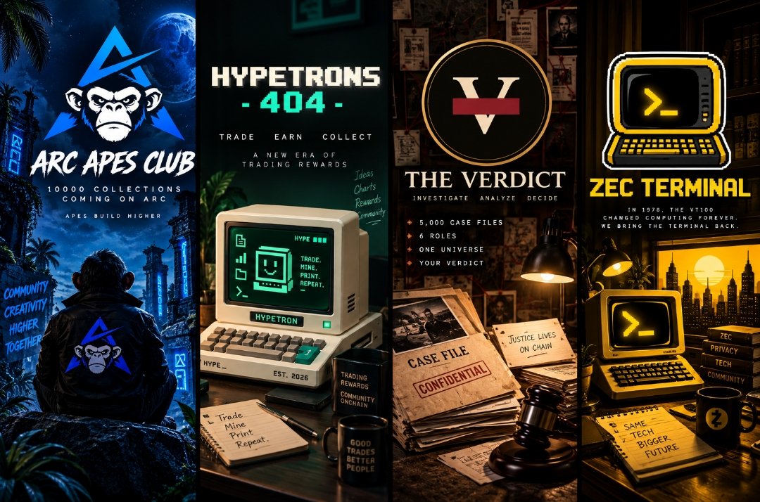 Web3Connects's tweet photo. New incoming NFT PJs you can watch out for

@ArcApesClub
10000 collections coming on @arc

@Hypetrons404
A 6,666 NFT collection on @HyperliquidX built around a trading/stock concept, with rewards for holders.

@TheVerdictNFT
5,000 case files. 6 roles. An interactive on-chain case universe where every case has a verdict coming on @inkonchain.

@ZecTerminal
1,978 retro terminals inspired by the legendary 1978 VT100, bringing the classic terminal era into the $ZEC ecosystem.

These are currently on my radar.

I’ll try to secure GTD spots for these projects and bring them to our community.

Always DYOR.