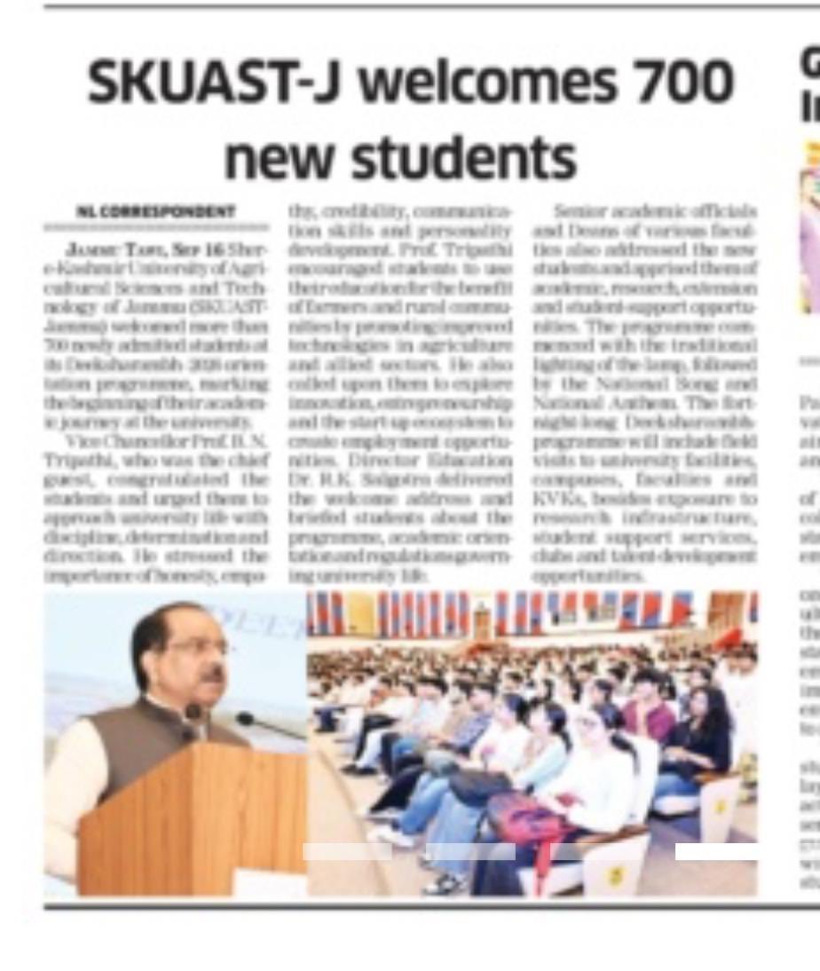 CellSkuast's tweet photo. Glimpses of SKUAST Jammu Deeksharambh-2026 in Media https://t.co/HCLgCdRXiU