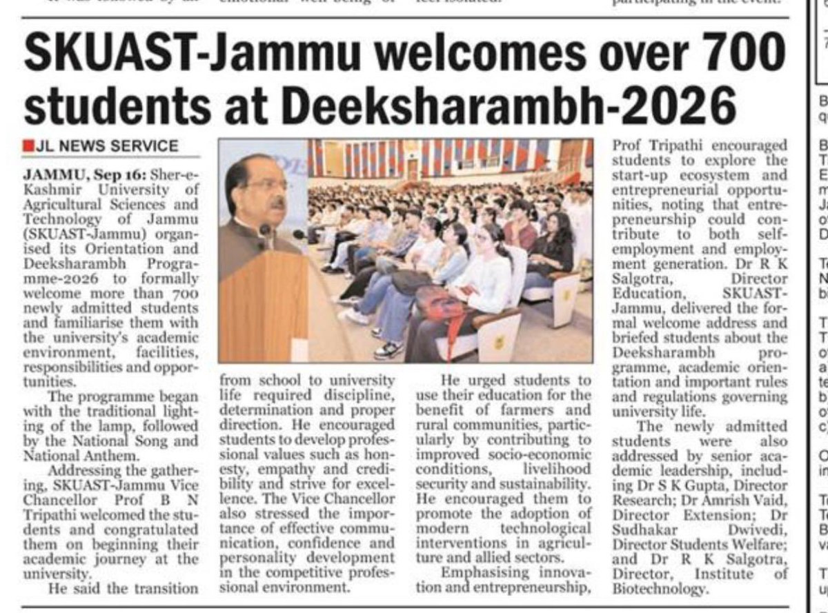 CellSkuast's tweet photo. Glimpses of SKUAST Jammu Deeksharambh-2026 in Media https://t.co/HCLgCdRXiU