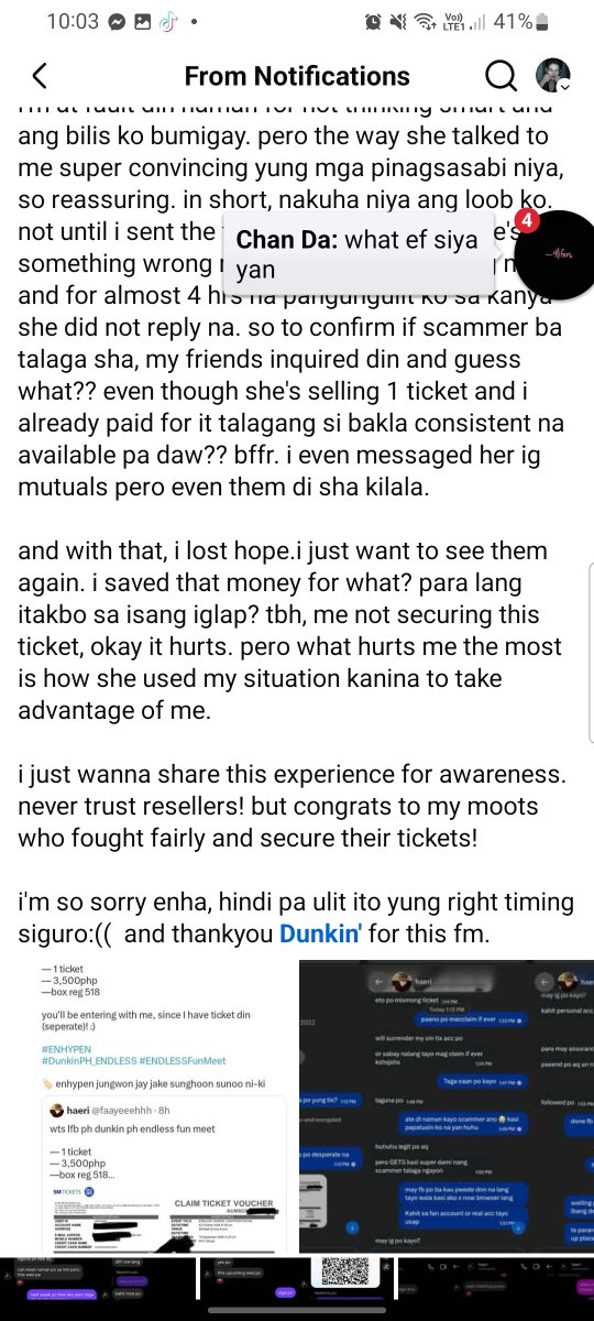 nishiquack_'s tweet photo. sharing my experience as a thread with this scammer @faayeeehhh  you literally ruined everything i've planned. hope karma gets back to u. LUMABAN KA NG PATAS

 #ENDLESSFunMeet #ENHYPEN_in_MNL #Dunkin_with_Enhypen
#scammer https://t.co/f0Dq21zsbh